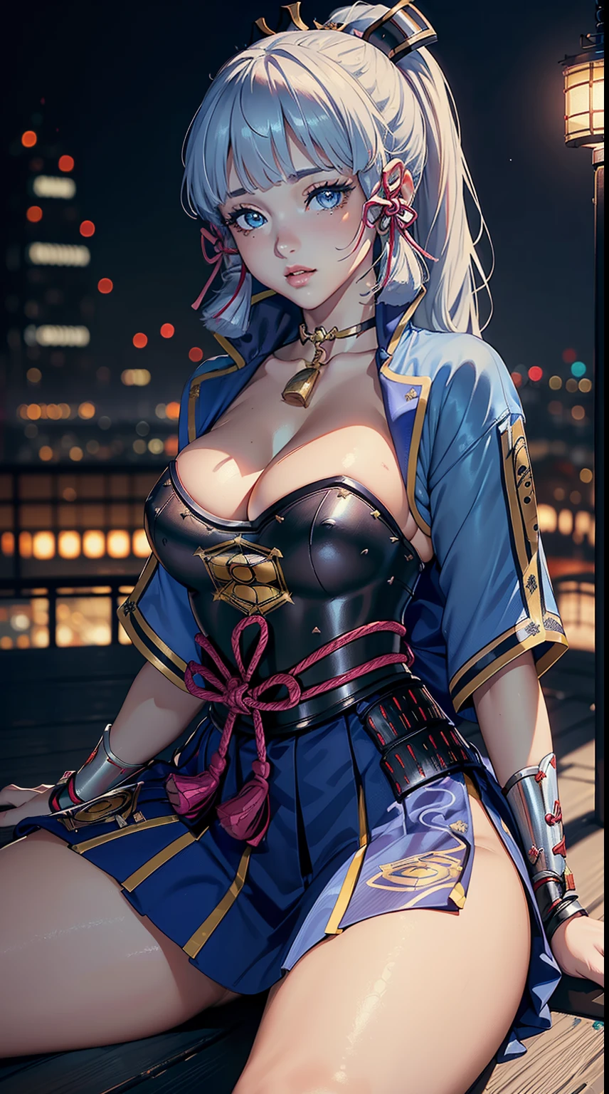 ((4k)),((masterpiece)),(best quality),((ultra detailed)), ((blurry night city background)), (dynamic angle),((beautiful detailed eyes), ((dynamic pose)), pretty face, large boobs, (cleavage, bare thighs), ((sexy, sitting)),((kamisatoayakadef)