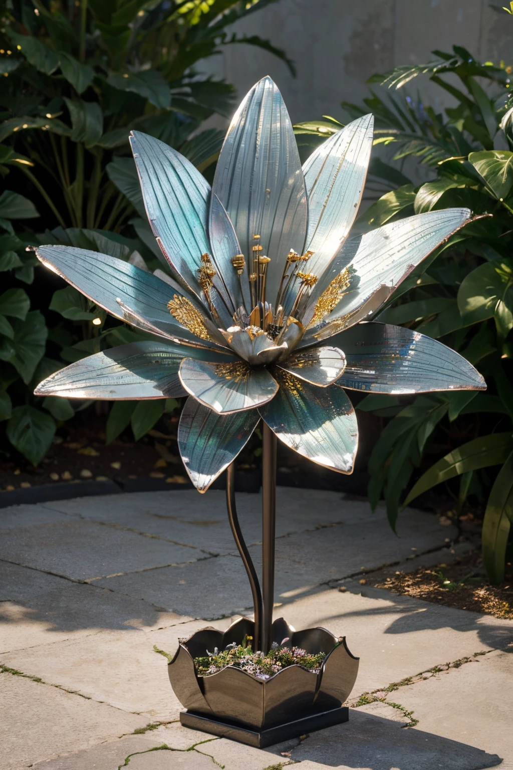 (best quality,4k,8k,highres,masterpiece:1.2),ultra-detailed,realistic,metal flowers,shiny petals,reflective surfaces,subtle textures,delicate craftsmanship,botanical art,sculpted blooms,steel stems,iron petals,artistic interpretation,vivid colors,petal details,shadow and light,flower garden,botanical beauty,contrast of materials,durability and delicacy,metallic sheen,elegant and modern,exquisite craftsmanship,unique botanical sculptures,iridescent finishes,artistic expression,metallic floral arrangements,flower sculptures,contemporary art,metalworking expertise,detailed metalwork,craftsmanship and creativity,contrast of nature and man-made,reflections in metal,artistic interpretation of flowers,striking compositions,harmony of metal and nature,modern garden of metal flowers,colorful metal blooms,meticulous metalwork,creative juxtaposition,innovative floral designs,artistry and imagination