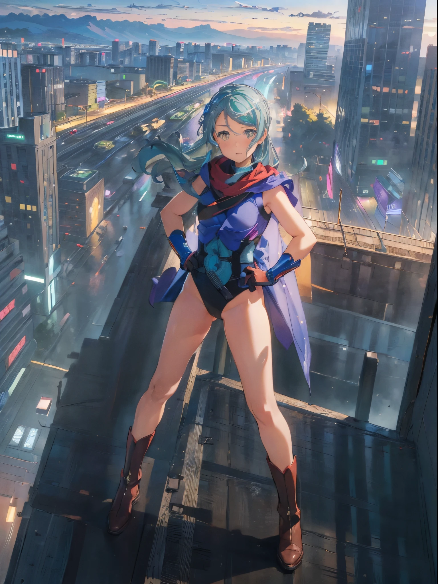 (masterpice, best quality, high quality, highres:1.4), extremely detailed, detailed skin, 4K, line art, art, 1girl, sayobd, superhero, leotard, bare legs, gloves, boots, city backdrop, hands on hip, heroic, looking at viewer