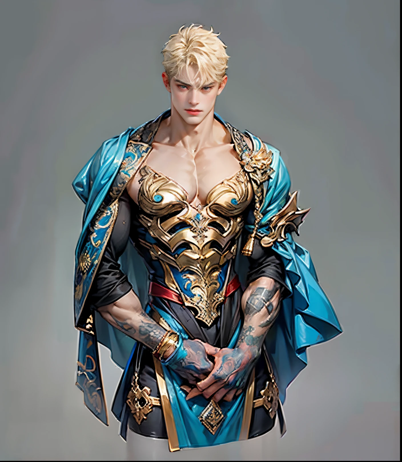 Sculpture design，人物，GK model，male people，（The whole body of the character），Expose muscles，（sexy for），（Exquisite base），The colors are bright，Lots of colors，Handsome cybernetics boy looking at camera lingerie detailed muscular reality masterpiece，Muscular