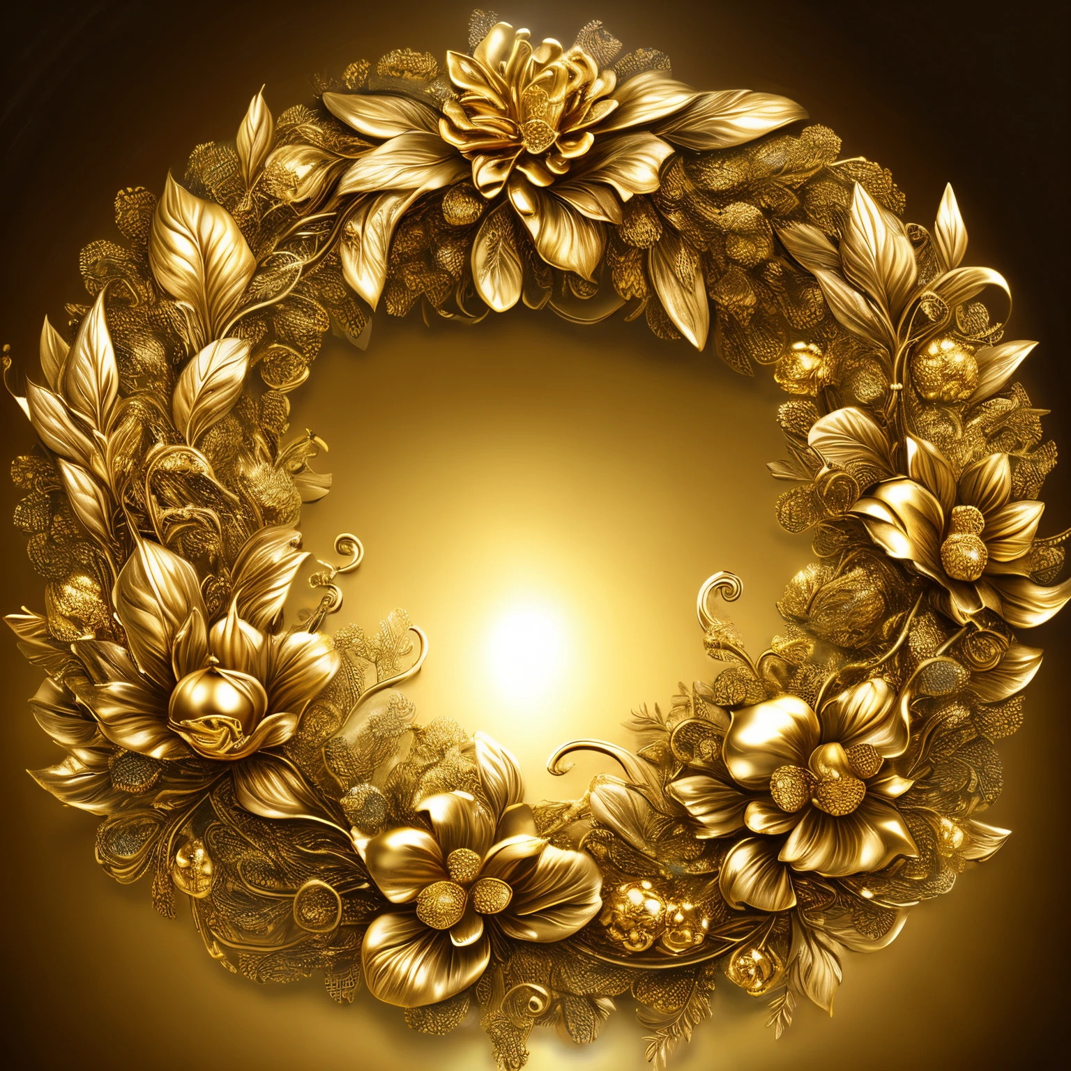 tmasterpiece, Best quality at best，baroque element，Detailed 4K oil painting，Stunning and detailed，（Beautiful metallic Christmas wreath rings hanging on the wall），leaves made of silver，flowers made of gold，Exudes a golden glow，Detailed flower，ornate flowers，golden flower，flowers with intricate details，supreme golden garland，gilded with gold，blooming flower。