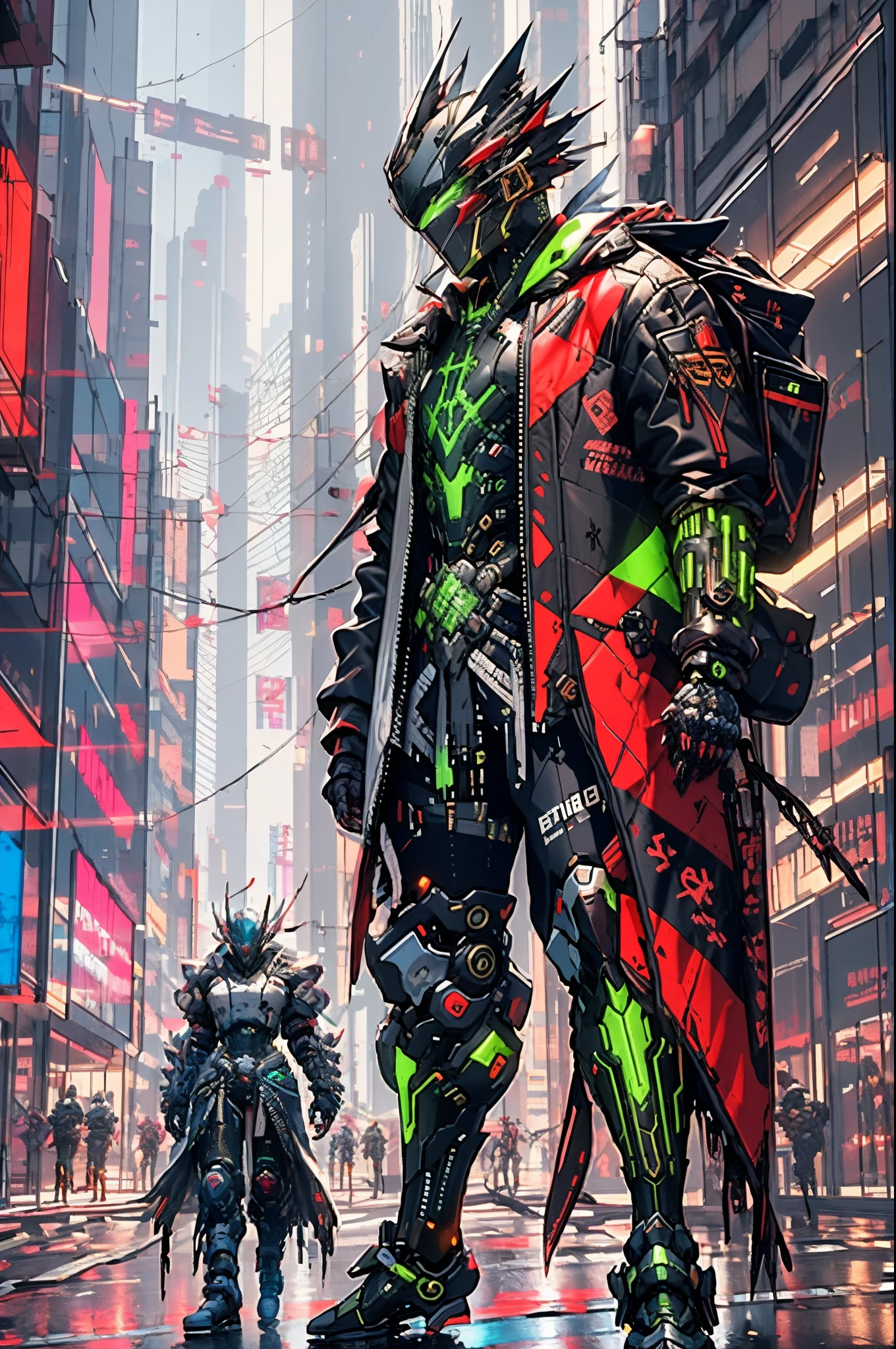 There is a man in a black and green outfit with a backpack, Cyberpunk Streetwear, terno cyberpunk, Cyberpunk Rua Goon, cyberpunk vestindo, Techwear Cyberpunk, estilo cyberpunk silenciado, tem estilo cyberpunk, estilo de cyberpunk, usando streetwear cyberpunk, soldado cyberpunk, estilo cyberpunk hiper-realista, design de personagens cyberpunk, Todas as roupas pretas cyberpunk, Corvo em Cyber Armour, roupas cyberpunk