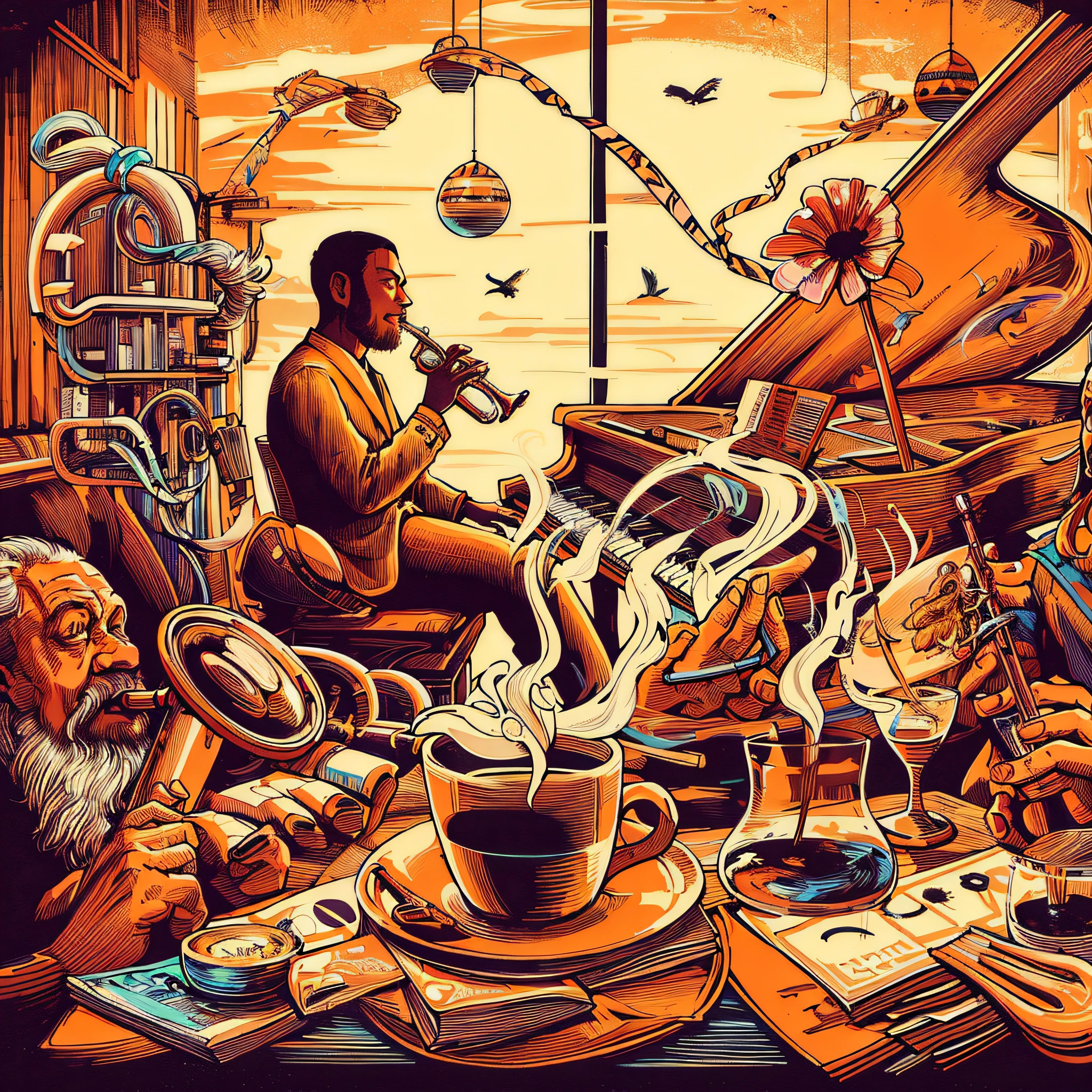 Illustration of a man sitting on a chair drinking coffee, coffee and instruments, cyril rolando and m. w kaluta, cyril rolando and m.w kaluta, Tim Doyle, Victoshai! calm sepia color, The artwork, by Trevor Brown, Detailed digital illustration, victo ngai style, More about Sky Jazz Cafe