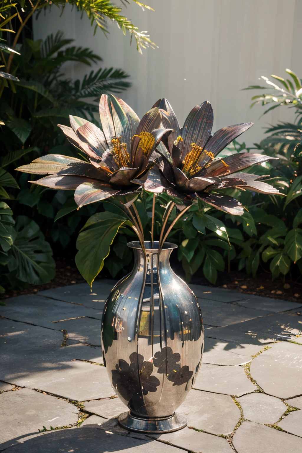 (best quality,4k,8k,highres,masterpiece:1.2),ultra-detailed,realistic,metal flowers,shiny petals,reflective surfaces,subtle textures,delicate craftsmanship,botanical art,sculpted blooms,steel stems,iron petals,artistic interpretation,vivid colors,petal details,shadow and light,flower garden,botanical beauty,contrast of materials,durability and delicacy,metallic sheen,elegant and modern,exquisite craftsmanship,unique botanical sculptures,iridescent finishes,artistic expression,metallic floral arrangements,flower sculptures,contemporary art,metalworking expertise,detailed metalwork,craftsmanship and creativity,contrast of nature and man-made,reflections in metal,artistic interpretation of flowers,striking compositions,harmony of metal and nature,modern garden of metal flowers,colorful metal blooms,meticulous metalwork,creative juxtaposition,innovative floral designs,artistry and imagination