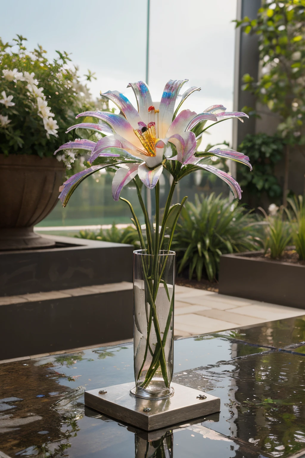 (best quality,4k,8k,highres,masterpiece:1.2),ultra-detailed,realistic,metal flowers,shiny petals,reflective surfaces,subtle textures,delicate craftsmanship,botanical art,sculpted blooms,steel stems,iron petals,artistic interpretation,vivid colors,petal details,shadow and light,flower garden,botanical beauty,contrast of materials,durability and delicacy,metallic sheen,elegant and modern,exquisite craftsmanship,unique botanical sculptures,iridescent finishes,artistic expression,metallic floral arrangements,flower sculptures,contemporary art,metalworking expertise,detailed metalwork,craftsmanship and creativity,contrast of nature and man-made,reflections in metal,artistic interpretation of flowers,striking compositions,harmony of metal and nature,modern garden of metal flowers,colorful metal blooms,meticulous metalwork,creative juxtaposition,innovative floral designs,artistry and imagination