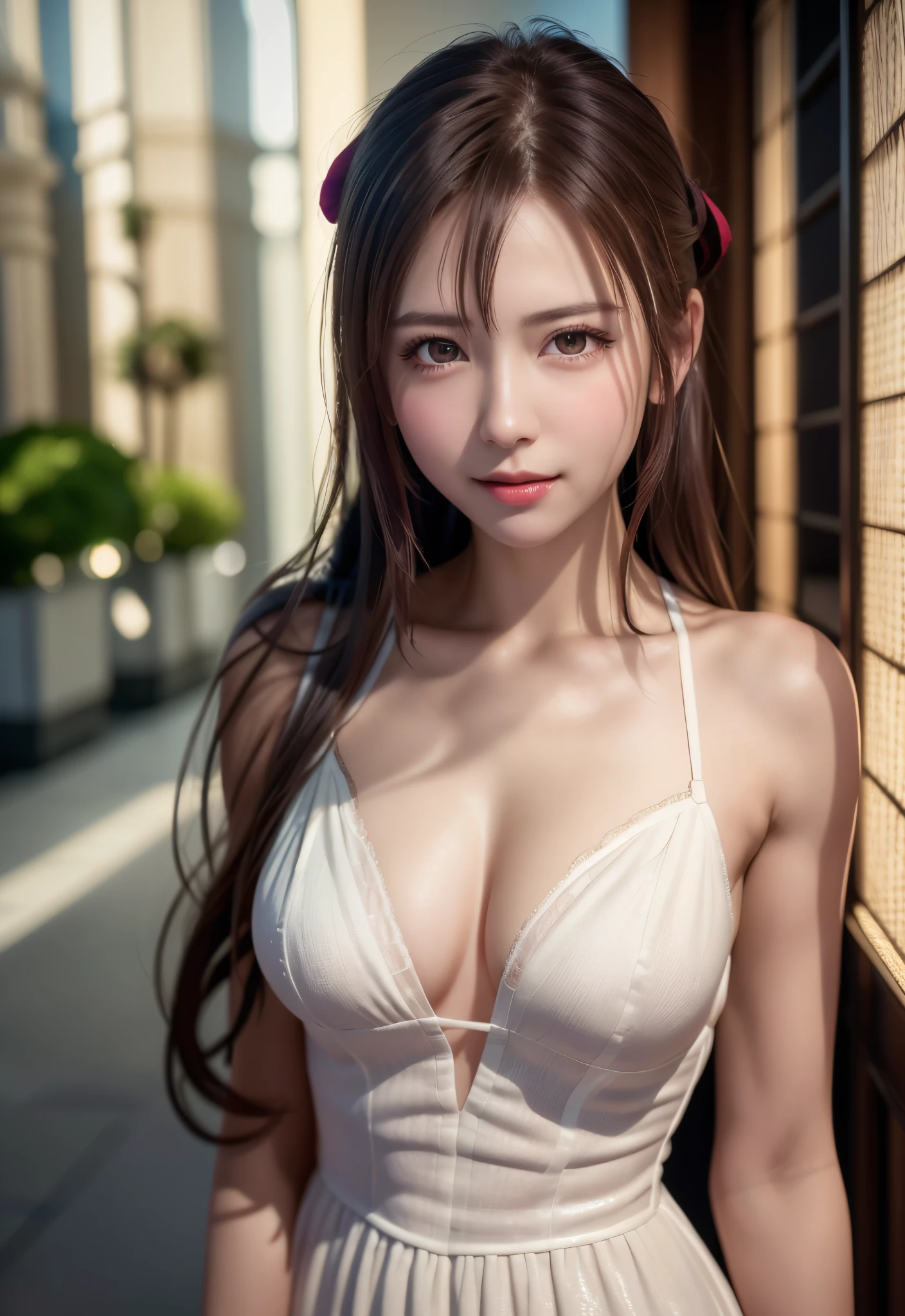 8K, of the highest quality, masutepiece:1.2), (Realistic, Photorealsitic:1.37), of the highest quality, masutepiece, Beautiful young woman, Pensive expression, Mischievous smile, sexy dress、Hair tied back, Glamorous atmosphere、Cinematic background, Light skin tone