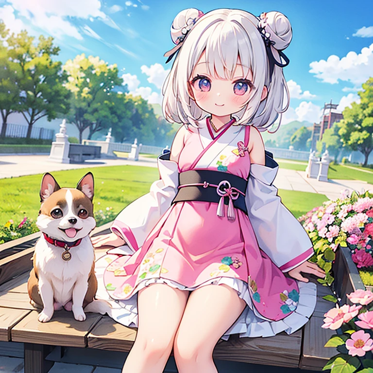 master piece , Best Quality,Wallpaper 8k CG, hyper quality, The best ,1girl in,Solo,Smile,Her two buns are in the center of the image。Top quality Japanese Moe illustrations,clear pale pink blush,the blue sky is beautiful、In a park where many flowers are blooming、cute girl white(chiwawa dog:1.2)I'm taking a walk with。. She wears a floral dress. Chihuahuas have very beautiful white fur and adorable round big eyes。. In a Japanese anime style
