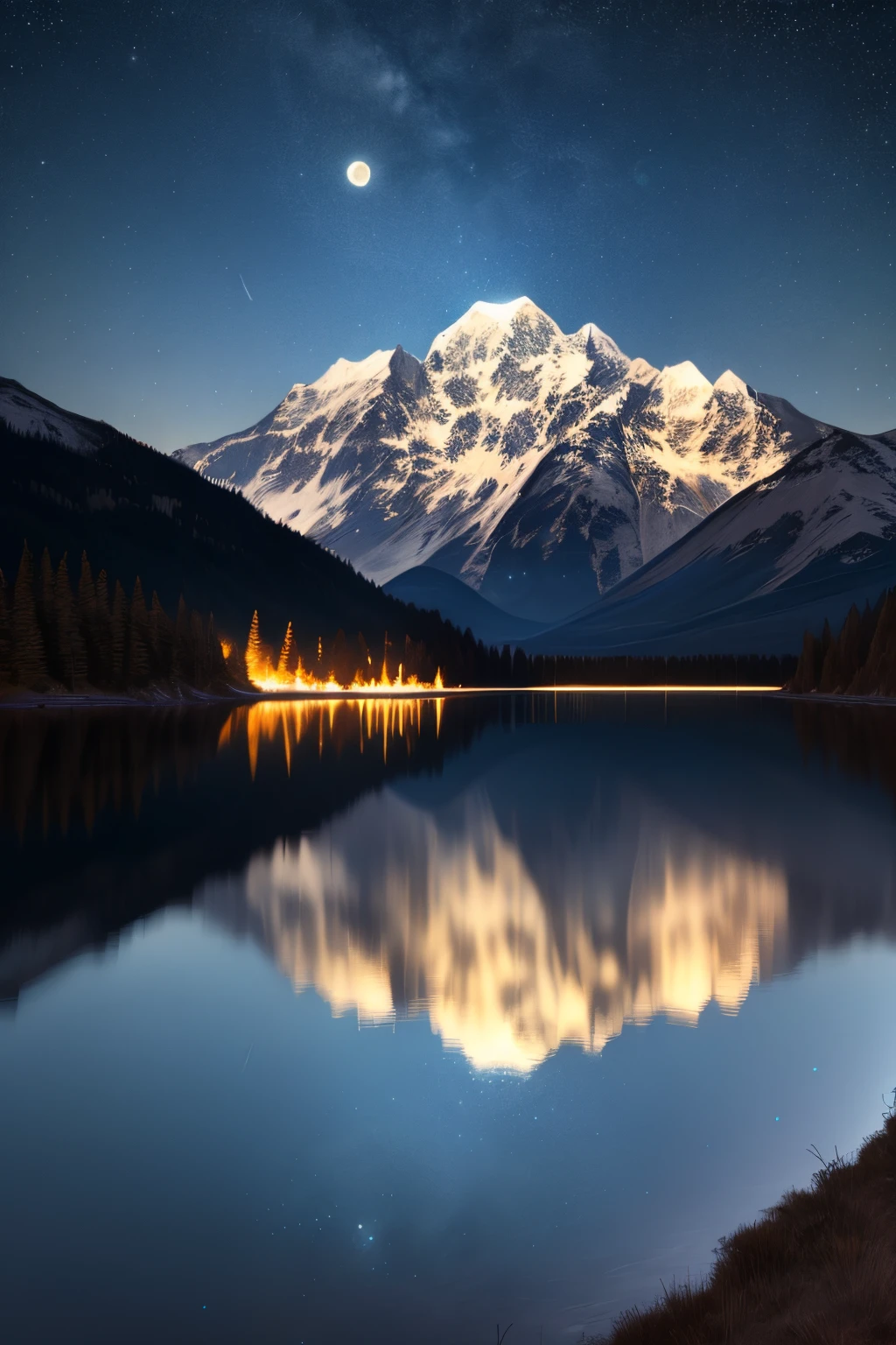 Very starry night. A giant moon behind the mountains. A tranquil lake reflecting the night. Realistic scene, detailed, photorealism, 8k