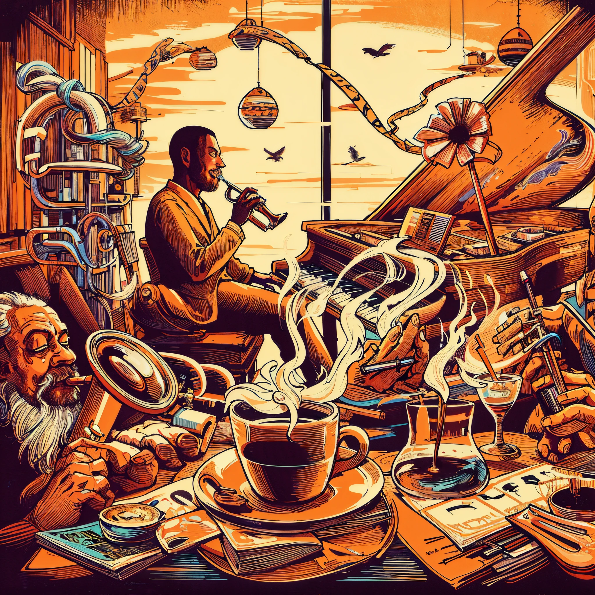 Illustration of a man sitting on a chair drinking coffee, coffee and instruments, cyril rolando and m. w kaluta, cyril rolando and m.w kaluta, Tim Doyle, Victoshai! calm sepia color, The artwork, by Trevor Brown, Detailed digital illustration, victo ngai style, More about Sky Jazz Cafe