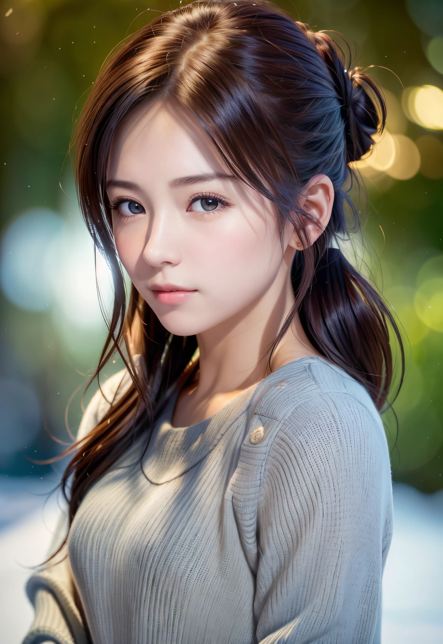 8K, of the highest quality, masutepiece:1.2), (Realistic, Photorealsitic:1.37), of the highest quality, masutepiece, Beautiful young woman, Pensive expression,、A charming、and an inviting look, skiing、snowboarder、Ski Wear, Hair tied back, Cinematic background, Light skin tone、Ski Resort Background