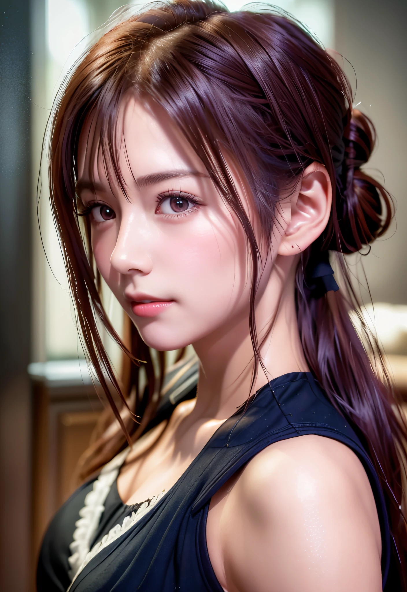 8K, of the highest quality, masutepiece:1.2), (Realistic, Photorealsitic:1.37), of the highest quality, masutepiece, Beautiful young woman, Pensive expression,、A charming、and an inviting look, Cute Maid Clothes, Hair tied back, Cinematic background, Light skin tone