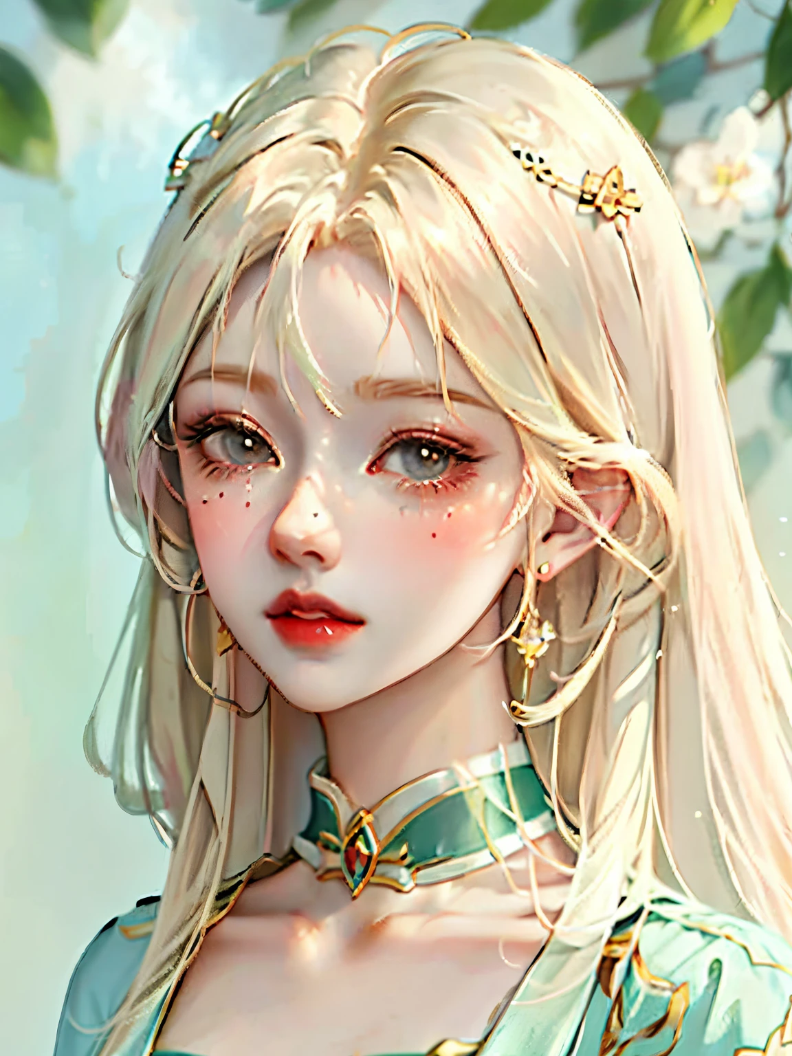 a close up of a woman with long blonde hair and a green dress, beautiful anime portrait, detailed portrait of anime girl, stunning anime face portrait, in the art style of bowater, kawaii realistic portrait, digital anime illustration, beautiful anime girl, portrait anime girl, beautiful character painting, beautiful anime style, cute anime girl portraits, beautiful anime woman, cute anime girl portrait,full body