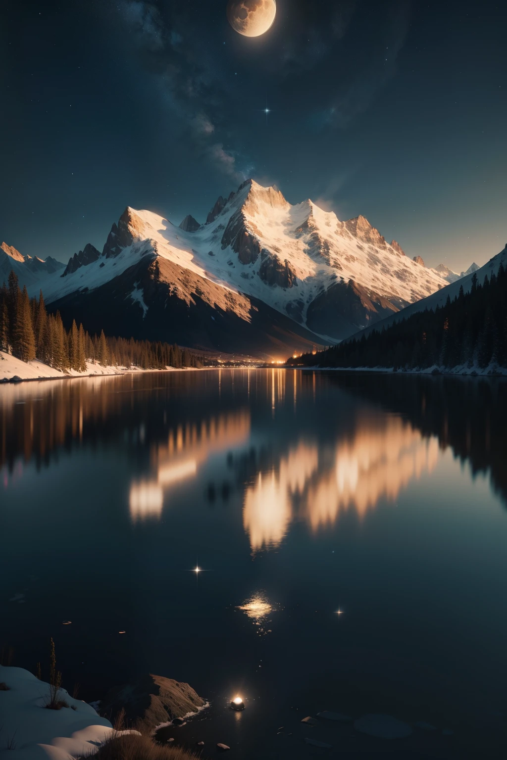 Very starry night. A giant moon behind the mountains. A tranquil lake reflecting the night. Realistic scene, detailed, photorealism, 8k