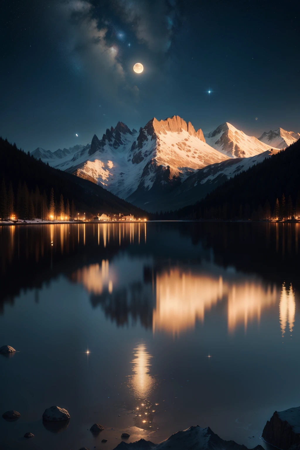 Very starry night. A giant moon behind the mountains. A tranquil lake reflecting the night. Realistic scene, detailed, photorealism, 8k