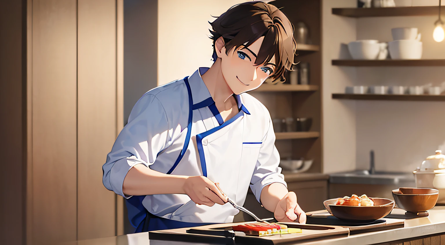 masterpiece、hightquality、25 year old man with short brown hair and blue eyes、Like a cartoon in Japan、wearing a white chef's uniform、(Alone:1.5)、(Modestly smiling expression:1.1)、、(Only the upper body is shown.:1.3)、The background is the kitchen、Making sweets、Bold composition、