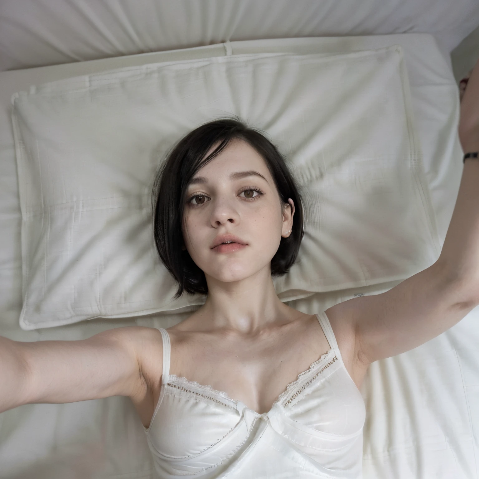 Mujer, pale-skin, ((cabello negro corte BOB)), square jaw. ((White Pijama)). ((Encuadre selfie)). ((Escenario nocturno)). ((Encuadre 2/3)). ((Totalmente acostada en cama)).