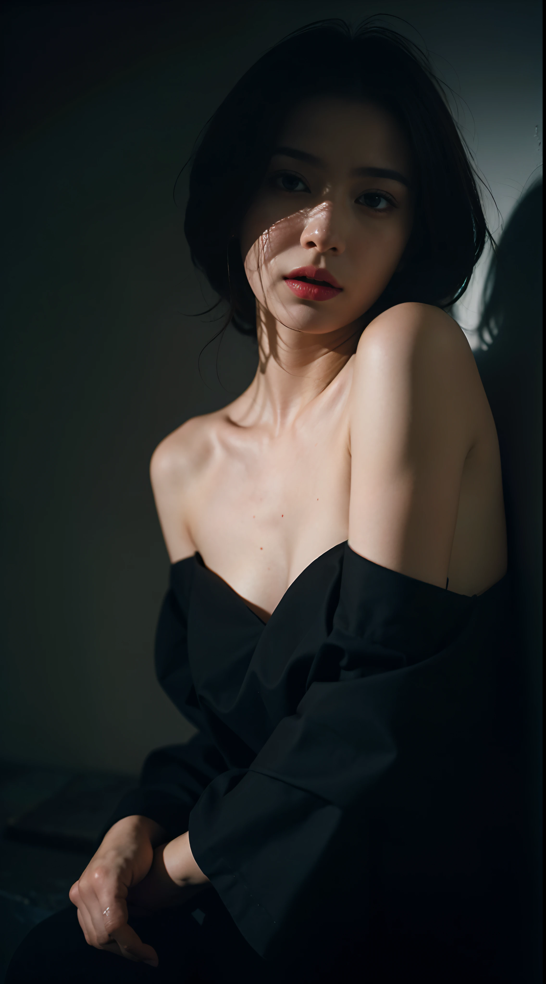 Best quality, masterpiece, ultra high res, (photorealistic:1.4), raw photo, 1girl, offshoulder, in the dark, deep shadow, low key, cold light