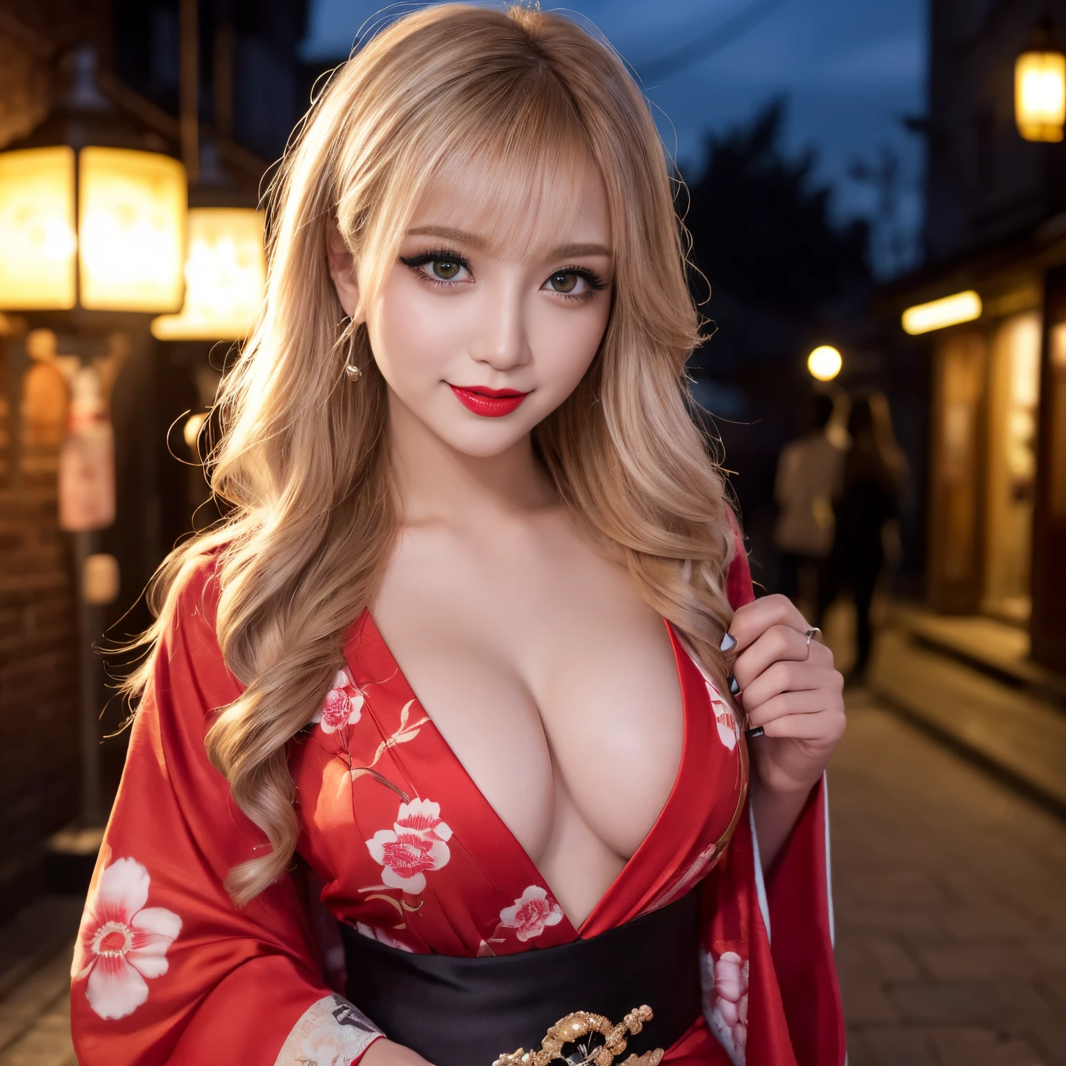 ((top-quality、masutepiece、8K、Top image quality、Very complex and detailed details))、1 prostitute、Floral costume、Oiran kimono、accurate courtesan kimono、Gorgeous courtesan kimono、(a blond、Beautiful blonde、Blonde wavy hair、elegant wavy hair、Color Contacts)、The background is the entertainment district、You Guo、Custom Street、Smile at the camera、Photo from the waist up、Elegant standing figure、elegant and noble、Recreating the perfect red light district details、1 photo、perfect anatomia、Perfect fingers、Night Sex District、night excursion、Midnight、murky、Lantern light、red lipsticks、long eyelashes、Perfect makeup、a dark night、naked and wearing only a kimono、A detailed face