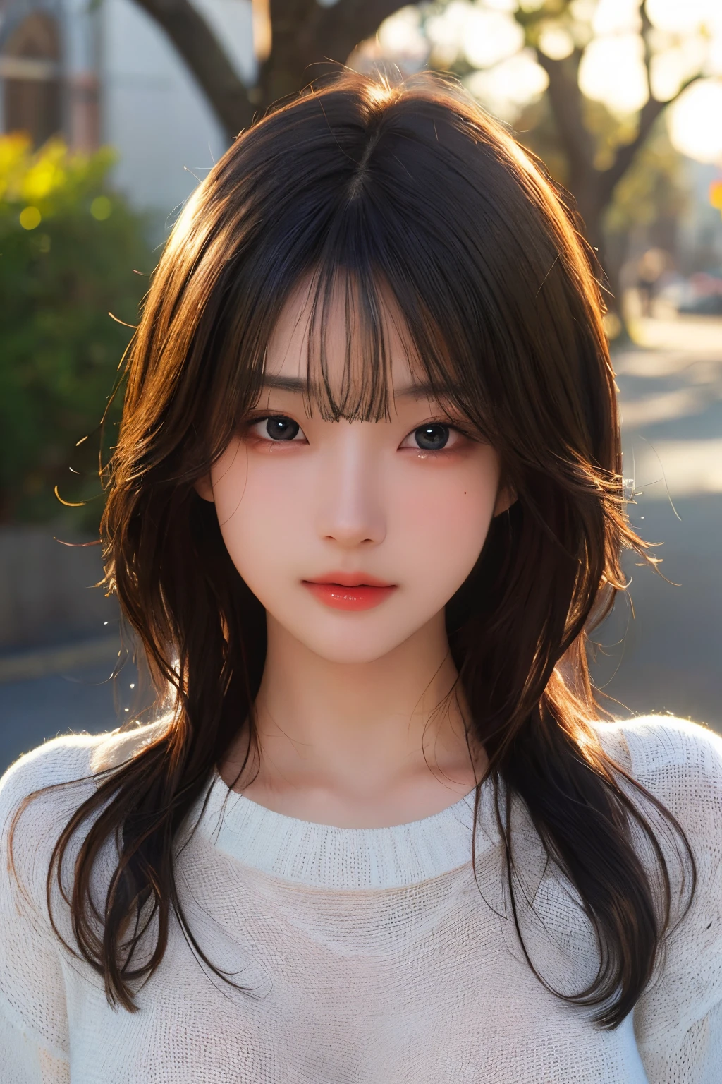(1 nogizaka girl,raw photo,photo realistic:1.5),(best quality, high quality,HDR, highest quality,ultra high resolution,high resolution,high res,ultra high difinition,huge file size,8K,2K wallpaper,8K wallpaper,high quality texture,amazing,an extremely delicate:1.4),one girl, Japanese famous idol,beautiful face,small face,absurd,ridiculous,incredibly ridiculous,blurry background,(cleavage,no makeup:1.2),medium skin,beautiful skin,detailed skin,black hair,silky hair,(Japanese eyes:1.3),detailed eyes,black eyes,Japanese idol eyes,triangle eyes,Japanese nose,5-fingers,(Light Particles, Lens Flare, Luminous Particles: 0.7),looking at viewer,bright lighting,professional lighting,girl
