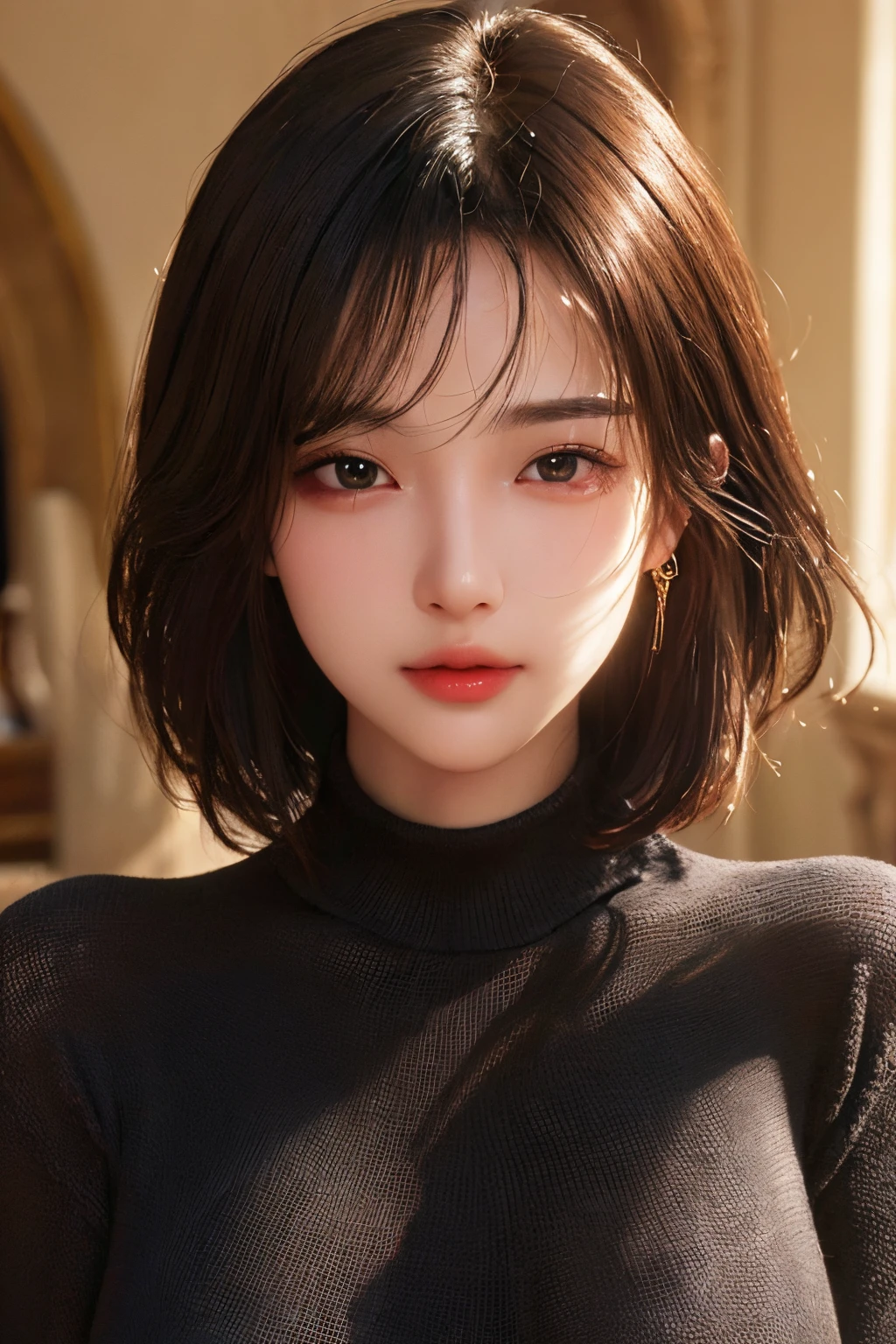 ultra high res,masterpiece,best quality,
very detailde face,detailed eyes,extremely intricate,perfect glossy shiny skins,perfect lighting,detailed lighting,dramatic shadows,ray tracing,
1girl,upper body,black sweater,looking at viewer,