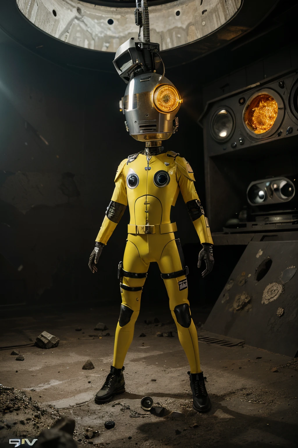 A Modern flat toon Crazy whit a Big ONE a Only Eye Robot and helmet Style, tongs in hands, Tv head, pinhead, camouflage Yellow White Rusty, Ambient in a meteorite crater super detailed, center, beautiful, soft lighting, focused on the character, 4K resolution, photorealistic rendering,