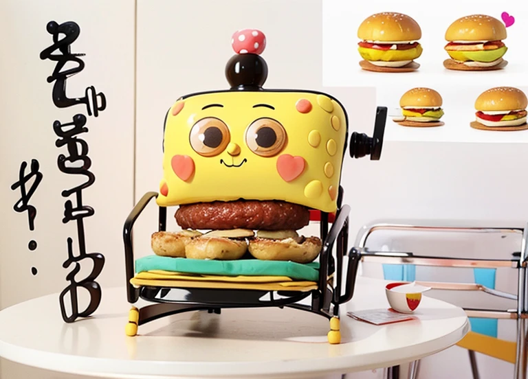 Spongebob makes a chair with a hamburger as the back and a cartoon chair with a seat surface. The cartoon chair that combines SpongeBob and a hamburger is cute.