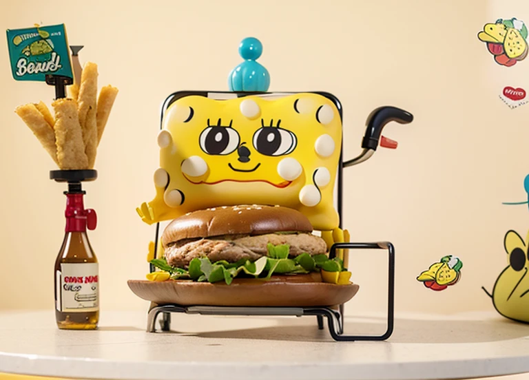Spongebob makes a chair with a hamburger as the back and a cartoon chair with a seat surface. The cartoon chair that combines SpongeBob and a hamburger is cute.