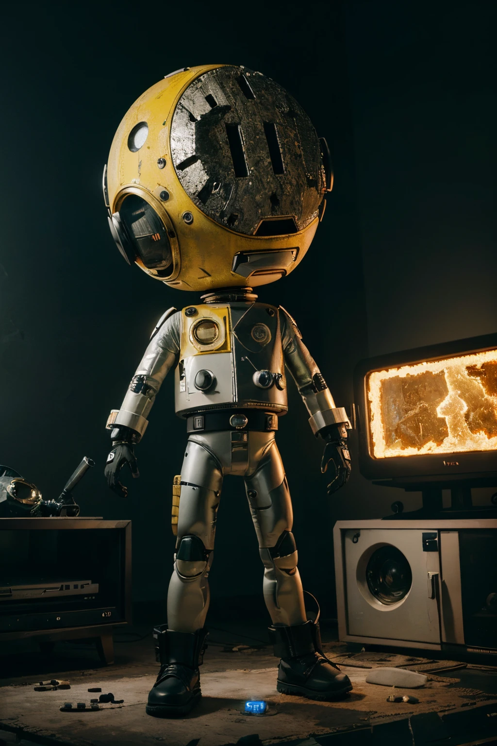 A Modern flat toon Crazy whit a Big ONE a Only Eye Robot and helmet Style, tongs in hands, Tv head, pinhead, camouflage Yellow White Rusty, Ambient in a meteorite crater super detailed, center, beautiful, soft lighting, focused on the character, 4K resolution, photorealistic rendering,