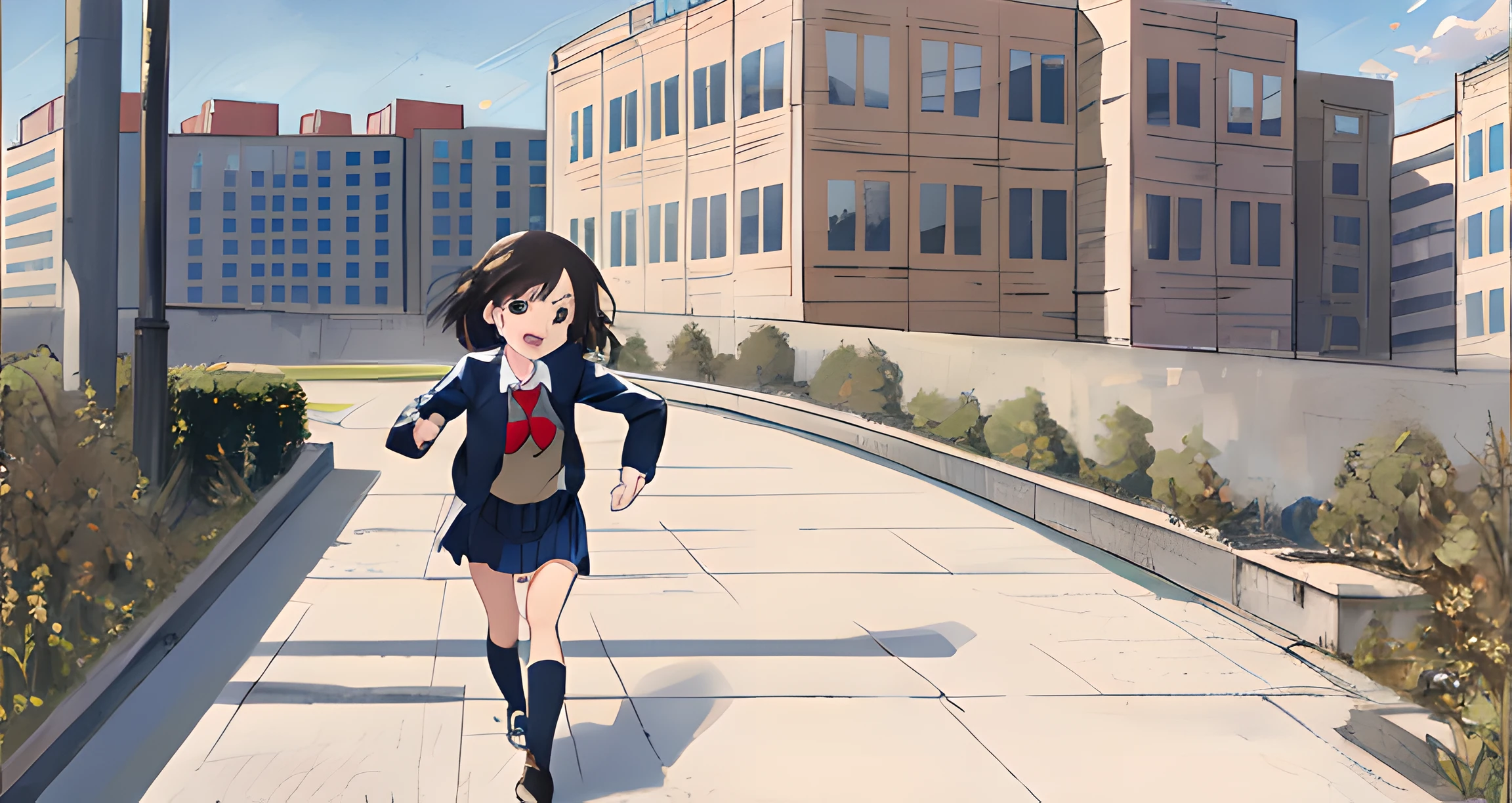Anime girl walking on the sidewalk in front of the building, the anime girl is running, Urban girl fan art, Makoto Shinkai's style, in style of kyoto animation, Beautiful anime high school girl, Makoto Shinkai's style, style of anime, Anime style illustration, Digital anime illustration, style of anime, up of young anime girl, female student,coloring book,highest quality,Children's picture book,cute big breasts,the detail,Brush Strokes,School playground,schools,Student uniform,