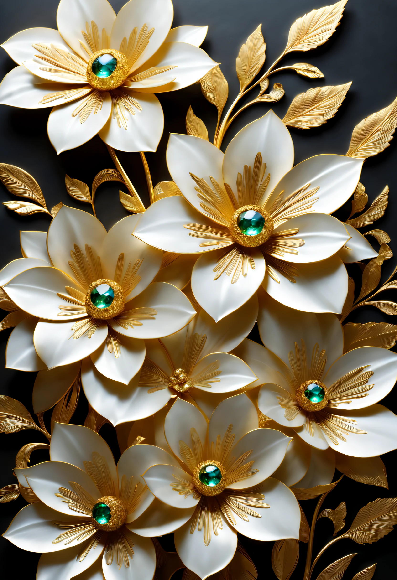 gold metallic flowers,glowing petals,shimmering metal leaves,delicate craftsmanship,detailed engravings,reflective surfaces,sparkling gemstones,natural light,rich colors,brushed gold texture,ornate petals,sophisticated beauty,dazzling arrangement,deep shadows,elegant composition,high contrast,subtle gradients,majestic presence,artistic interpretation,vibrant blooms,exquisite details,graceful curves,reflecting light and shadow,unique perspective,vivid colors,iridescent effects,glimmering highlights,striking visual impact,harmonious balance,breathtaking elegance,meticulous artistry,awe-inspiring craftsmanship,sophisticated art form,glorious combination,illuminated petals,mesmerizing patterns,timeless allure,impressive mastery,exquisite artistry,celestial beauty,luxurious materials,exotic allure