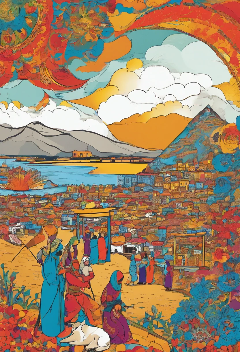 To show changes in the Middle East with a single picture、The point is to express the contrast between before World War I and after the collapse of the Ottoman Empire.。At first、Depicts the peaceful landscape of the Middle East before World War I。This landscape reflects the rule of the Ottoman Empire.、Diverse ethnic groups and religions coexist、Expresses scenes of vibrant markets and culture。Next、Depicts the chaotic scene after the collapse of the Ottoman Empire。border changes、turbulent markets and people々anxiety is expressed、Visually conveys the instability of the entire region。By this、You can contrast the changes in the Middle East before and after the war.。