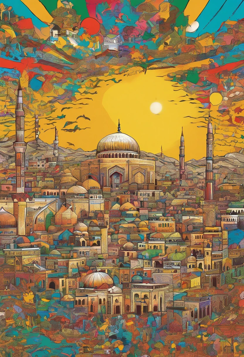 To show changes in the Middle East with a single picture、The point is to express the contrast between before World War I and after the collapse of the Ottoman Empire.。At first、Depicts the peaceful landscape of the Middle East before World War I。This landscape reflects the rule of the Ottoman Empire.、Diverse ethnic groups and religions coexist、Expresses scenes of vibrant markets and culture。Next、Depicts the chaotic scene after the collapse of the Ottoman Empire。border changes、turbulent markets and people々anxiety is expressed、Visually conveys the instability of the entire region。By this、You can contrast the changes in the Middle East before and after the war.。