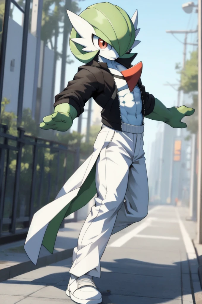 masterpiece, best quality, full body, Solo, male focus, (androgynous), furry, pectorals, pectoral cleavage, muscular, ((Gardevoir)), ((pokemon)), (crop jacket), (tai chi),
