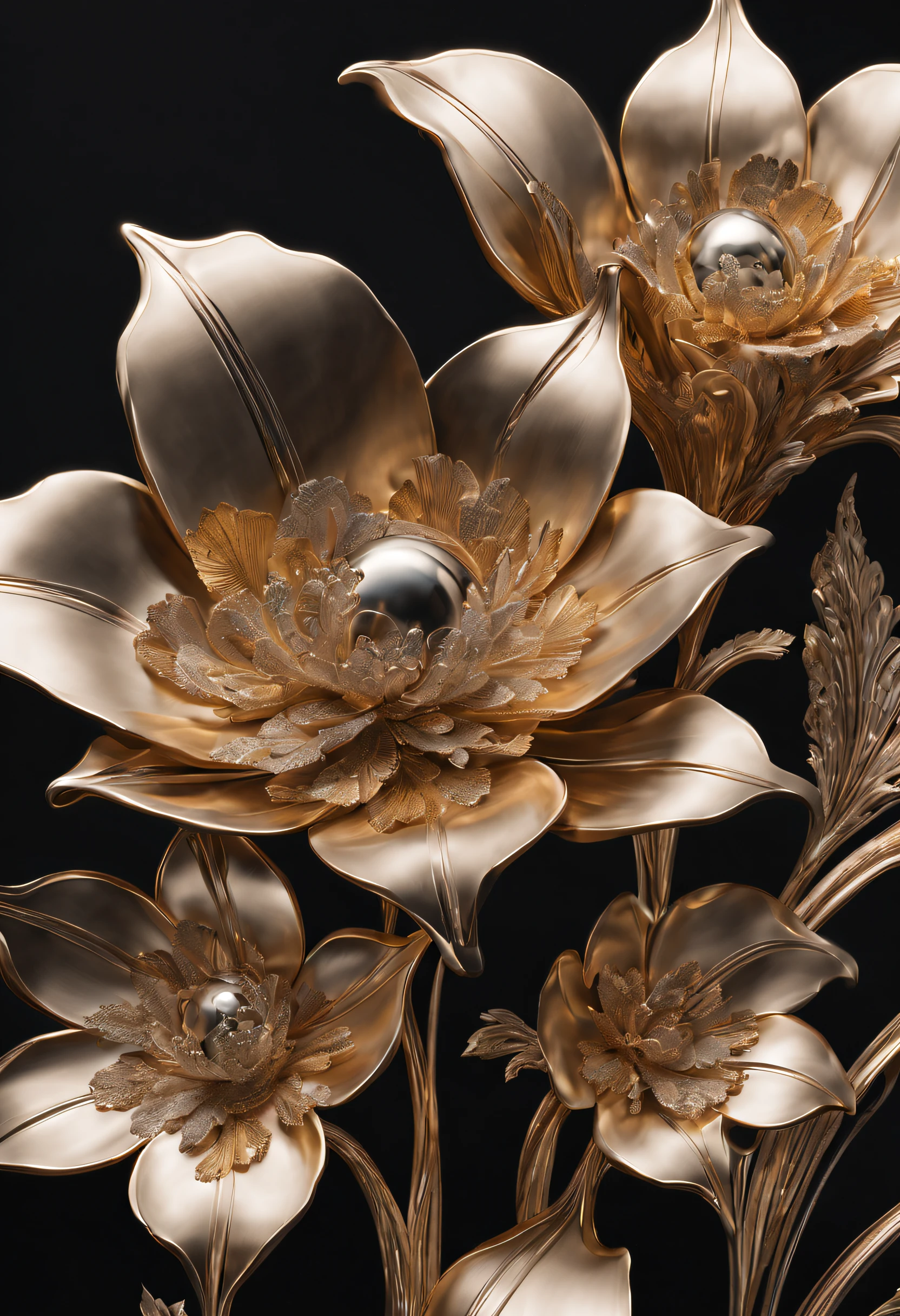 (best quality,highres:1.2),ultra-detailed,metallic flowers,shiny,reflective petals,intricate steel stems,silver and gold tones,vibrant colors,glimmering surface,masterfully crafted,with exquisite detailing,unique floral sculptures,contemporary art,artificial light,contrast between light and shadow,mesmerizing composition,sculptural elegance,metallic sheen,striking and captivating,glowing highlights,delicate filigree,balance between natural and industrial elements,gleaming metalwork,organic forms merged with metallic textures,impressive craftsmanship,detailed etchings and engravings,light dancing off the metallic surfaces,texture and luster of precious metals,metallic blooms shining under the sun's rays,soft and gentle curves,mixed with sharp and angular edges,harmony between nature and technology.