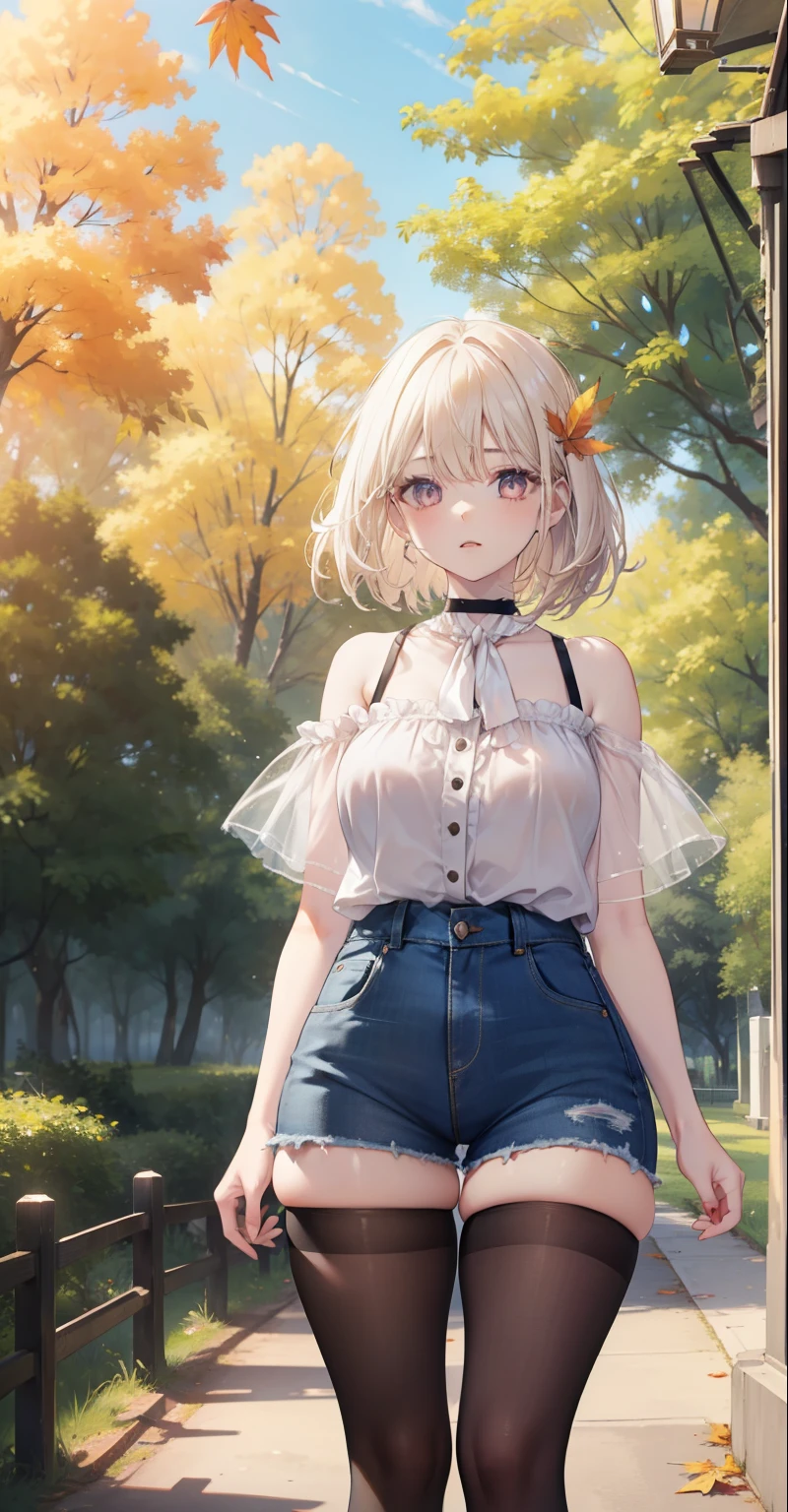 1 girl, pale skin, eyes, mouth, lips, hair, bangs, locks, neck, shoulders, short blouse, perfect belly, short denim shorts, thick legs, thick thighs, tight short pantyhose, background scene, in the park, beautiful day, wind, flying leaf, lighting, people around, green aria, trees