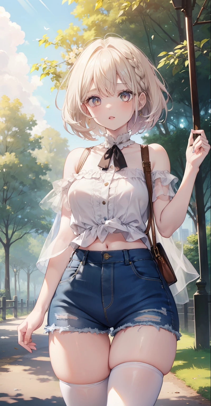 1 girl, pale skin, eyes, mouth, lips, hair, bangs, locks, neck, shoulders, short blouse, perfect belly, short denim shorts, thick legs, thick thighs, tight short pantyhose, background scene, in the park, beautiful day, wind, flying leaf, lighting, people around, green aria, trees