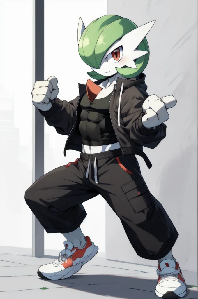 masterpiece, best quality, full body, Solo, male focus, (androgynous), furry, pectorals, pectoral cleavage, muscular, ((Gardevoir)), ((pokemon)), (crop jacket), (tai chi),