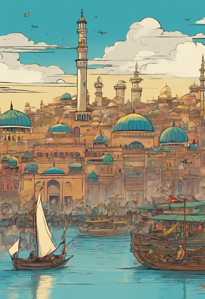 with one illustration、Describe the collapse and changes of the Ottoman Empire in the Middle East before and after World War I.。In the first panel、Please express the powerful figure of the Ottoman Empire before World War I.。using maps and iconic buildings、Show the vastness and diversity of your empire。a person々have different ethnic and religious backgrounds、Expressing a peaceful life。