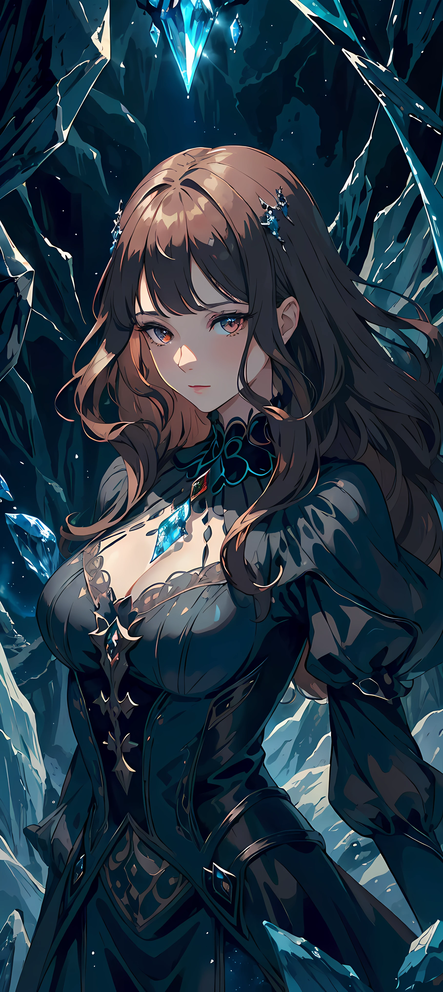 (absurdres, highres, ultra detailed), 1woman, mature female, aged up, wavy long hair, auburn hair, coral eyes, bangs, long sleeves, finely detailed eyes and detailed face, extremely detailed CG unity 8k wallpaper, intricate details, (style-swirlmagic:1.0), looking at viewer, solo, upper body, detailed background, close up, detailed face, (gothic dark ages theme:1.1), crystal sorcerer, dynamic pose, earth themed clothes, crystal crown, floating in the air, glowing magical shards, surrounded by blue magical crystals, rock formations, stalactites, magical floating particles, crystal glass, crystal sphere, crystal canyon background, (shallow water:0.7), epic ethereal atmosphere, updraft,, portrait