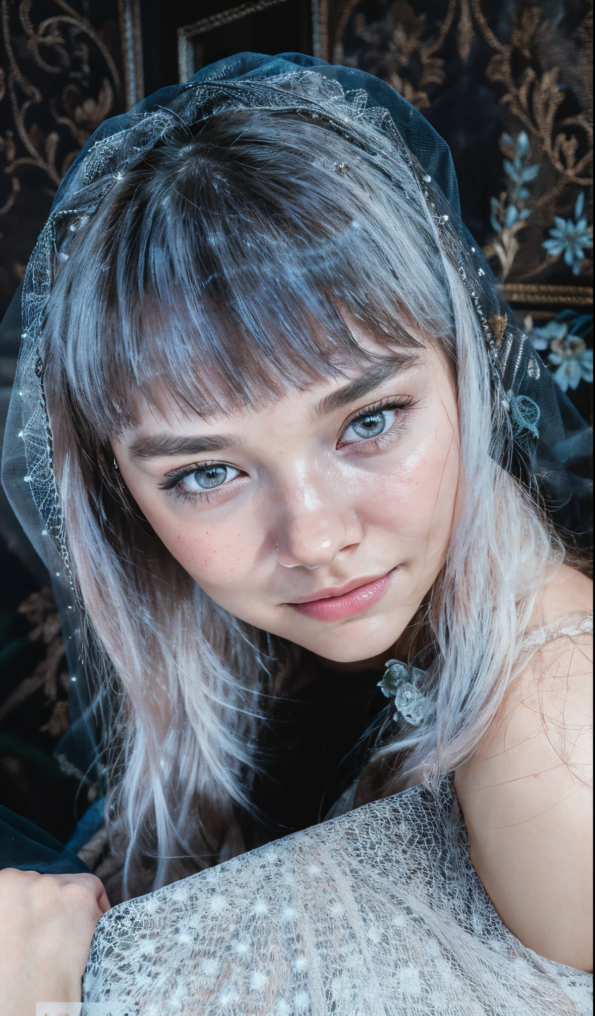 close-up of a woman with a veil on her head, soft portrait shot 8 k, cinematic portrait, 8k artistic portrait photography, Beautiful portrait lighting, sydney sweeney, Atmospheric portrait, Emotional portrait, portrait soft light, portrait soft low light, close up portrait shot, Dramatic cinematic portrait, medium portrait soft light, light, falling on the face