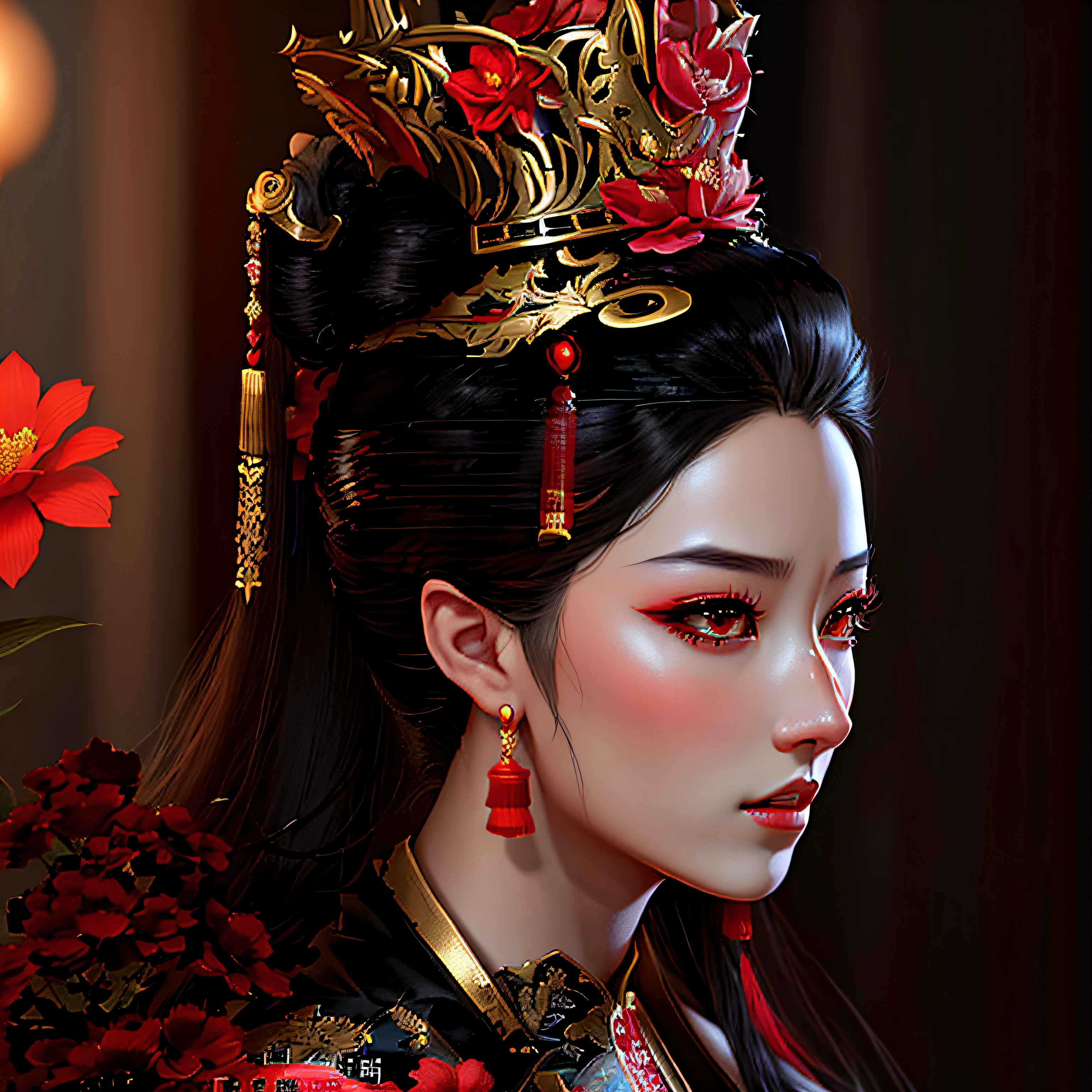 a close up of a woman wearing a tiara and a red flower, red eyes, artwork in the style of guweiz, palace , a girl in hanfu, a beautiful fantasy empress, beautiful character painting, ancient chinese princess, guweiz, guweiz masterpiece, chinese princess, inspired by Fenghua Zhong, beautiful render of tang dynasty, inspired by Lan Ying