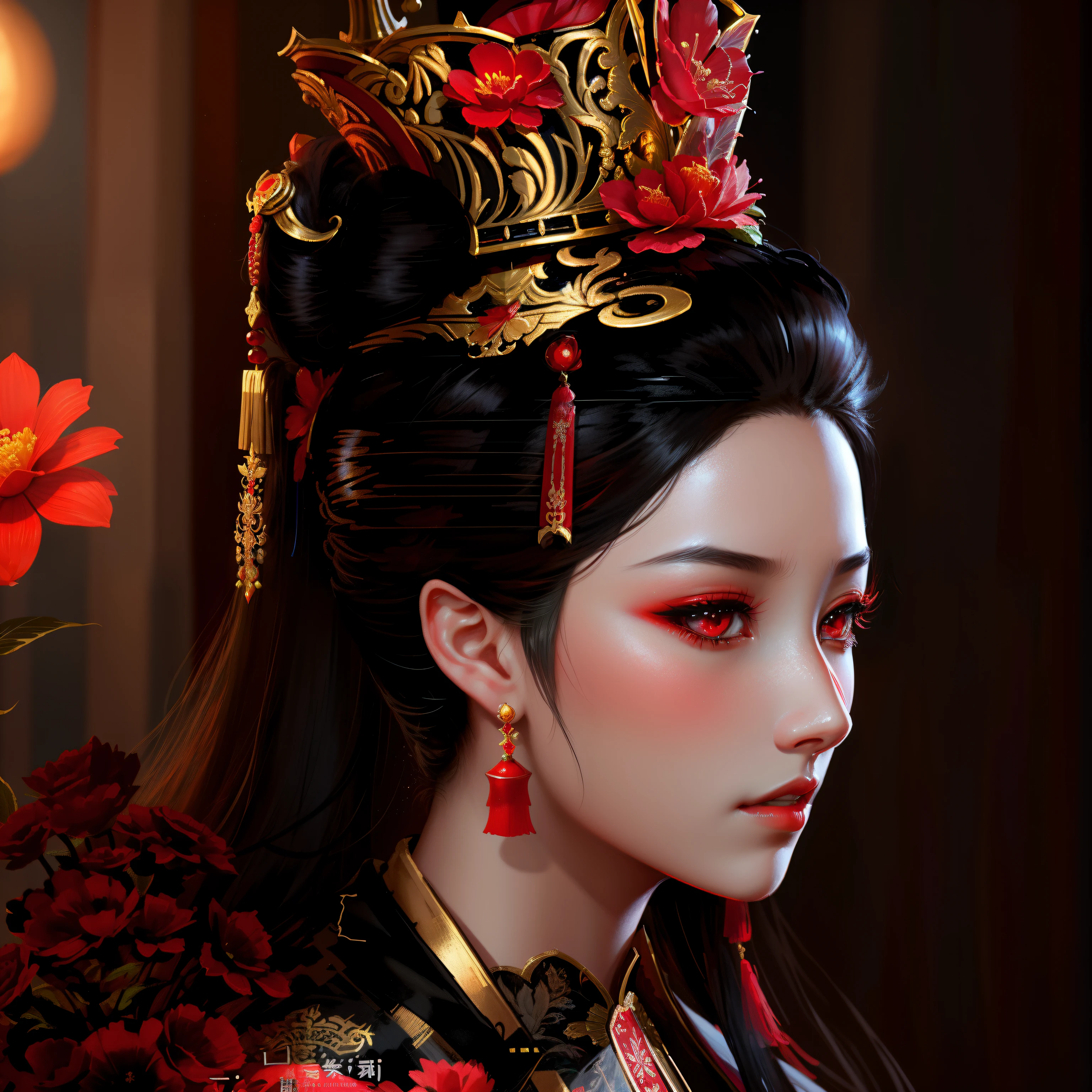 a close up of a woman wearing a tiara and a red flower, red eyes, artwork in the style of guweiz, palace ， a girl in hanfu, a beautiful fantasy empress, beautiful character painting, ancient chinese princess, guweiz, guweiz masterpiece, chinese princess, inspired by Fenghua Zhong, beautiful render of tang dynasty, inspired by Lan Ying