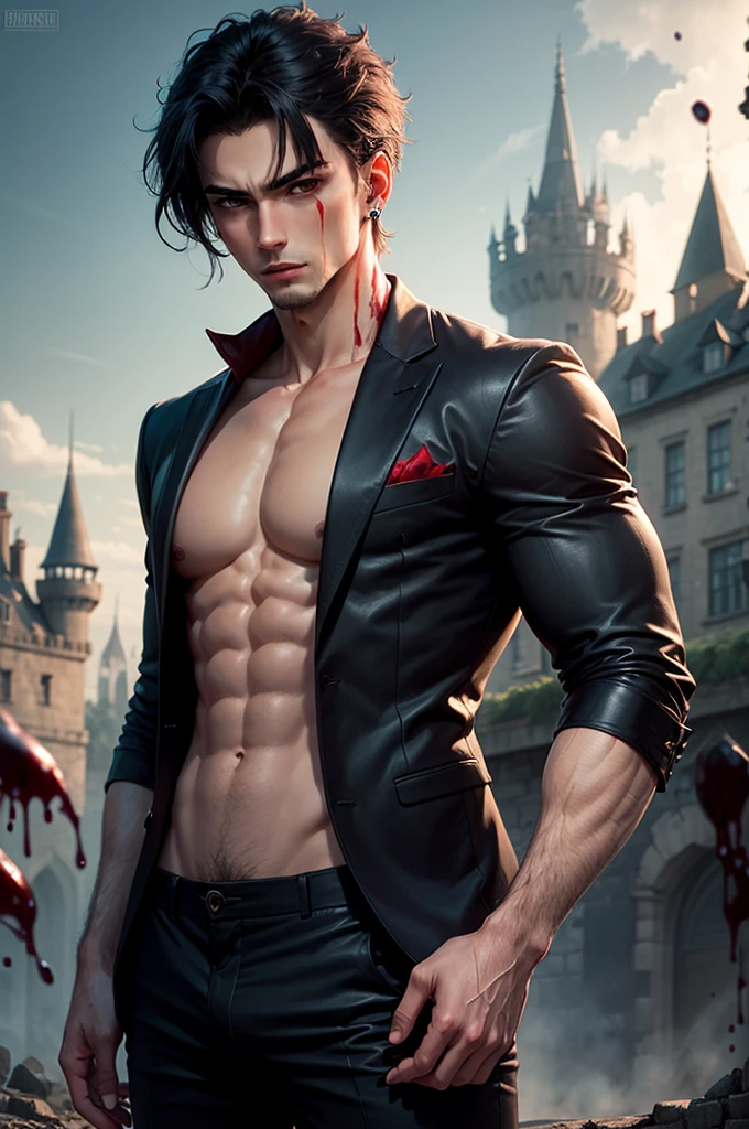 Vampires are handsome, Slim, male body, Detailed faces, Detailed body, wear black suit, blood spatter, black hair color hair, ear nipple ring, Old strange castle in the background, blood floating.red shirt