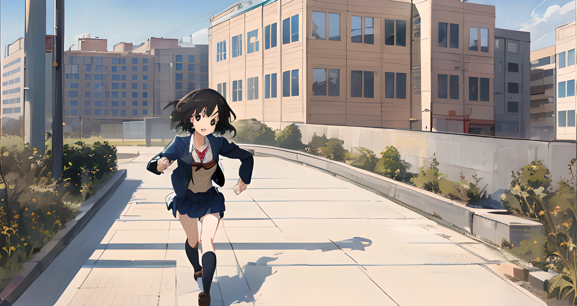 Anime girl walking on the sidewalk in front of the building,Anime girl is running,Urban girl fan art,Makoto Shinkai's style,kyoto animation style,Beautiful Anime High School Girls,Makoto Shinkai's style,style of anime,anime style illustration,digital anime illustration,style of anime,Young anime girl,female student,coloring book,HighestQuali,Children's picture book,cute big breasts,the detail,Brush strokes,School playground,schools,Student uniform,