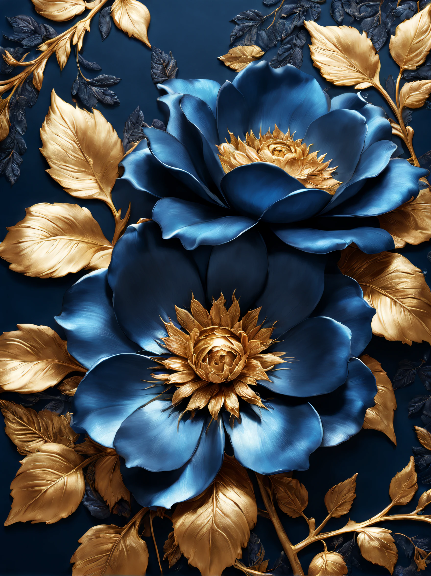 (Blue temptation rose poster made of metal）, Each metallic blue enchantress flower has cascading petals， Blue shells，Rich metallic texture，they are dark blue，Like the night sky and the deep sea，Has an attractive metallic luster，leaves made of platinum，The edges of the petals are brushed metal.，Capturing light and shadow, gold flowers, helianthus flowers, golden rose, flowers and gold, (Gold-plated embossing: 1.5), 
Detailed flower, Gorgeous flowers,,intricate flowers, Messy golden leaf flowers, 8K detailed oil painting, Stunning and detailed, gilded. flowers blooming, baroque element, Fine workmanship，retro punk style background：blue velvet cloth，It gives a feeling of nobility、mystical feeling。