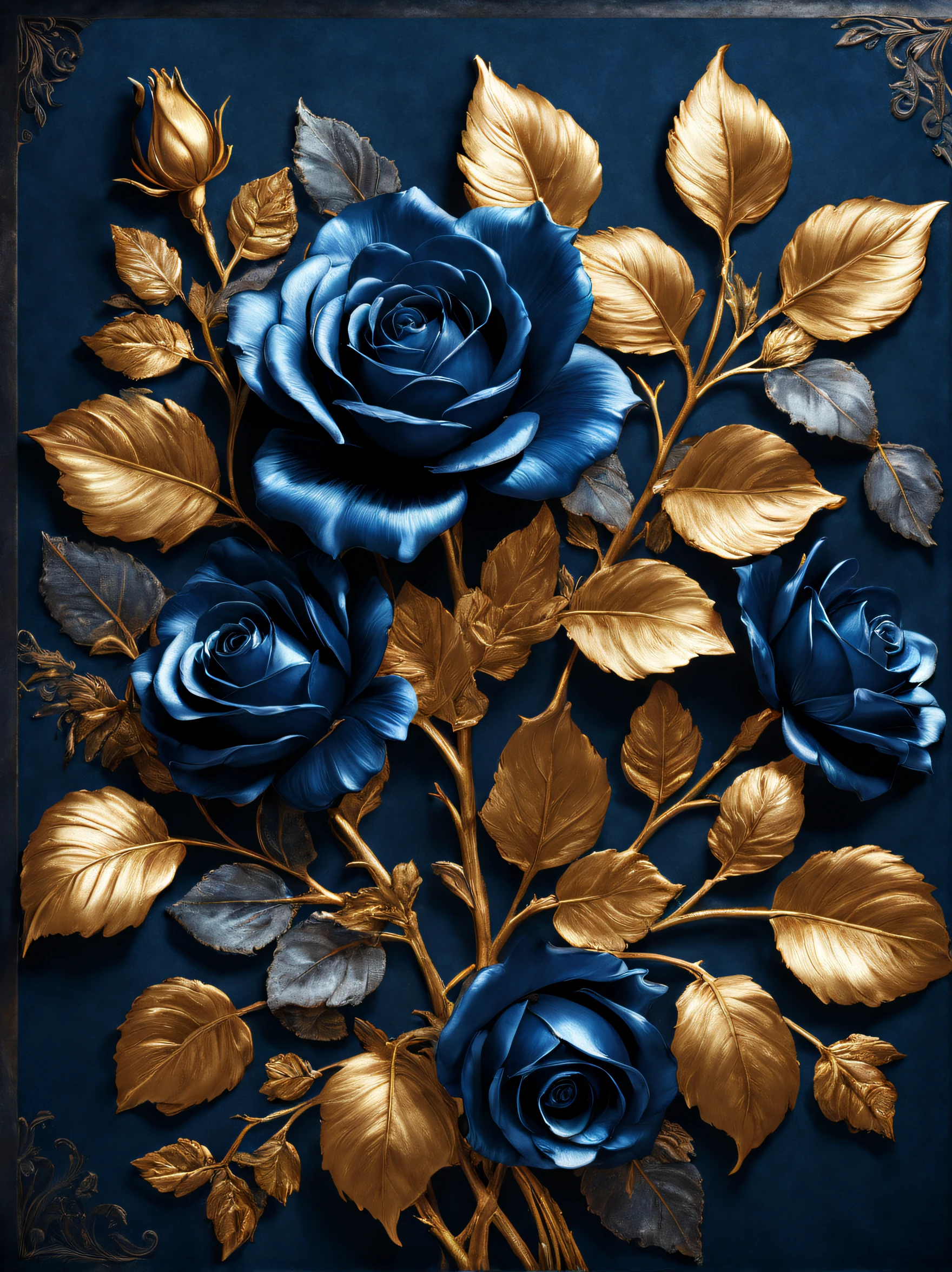 (Blue temptation rose poster made of metal）, Each metallic blue enchantress flower has cascading petals， Blue shells，Rich metallic texture，they are dark blue，Like the night sky and the deep sea，Has an attractive metallic luster，leaves made of platinum，The edges of the petals are brushed metal.，Capturing light and shadow, gold flowers, helianthus flowers, golden rose, flowers and gold, (Gold-plated embossing: 1.5), 
Detailed flower, Gorgeous flowers,,intricate flowers, Messy golden leaf flowers, 8K detailed oil painting, Stunning and detailed, gilded. flowers blooming, baroque element, Fine workmanship，retro punk style background：blue velvet cloth，It gives a feeling of nobility、mystical feeling。