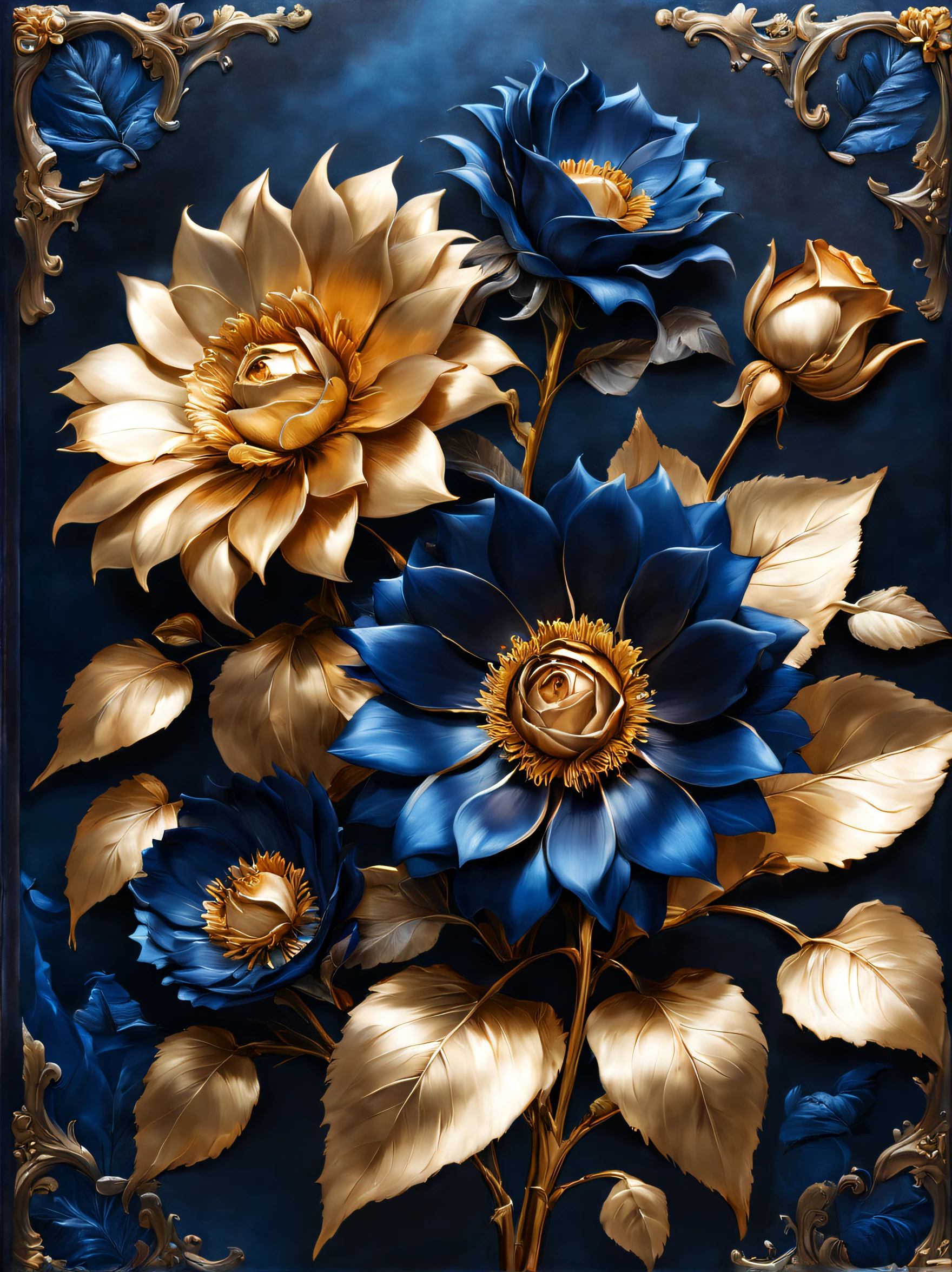 Creative advertising，， (Close-up of Valentine&#39;s Day&#39;tag&#39;Labels&#39;Valentine's Day poster，There are many blue enchantress roses made of metal）, Each metallic blue enchantress flower has cascading petals，Rich metallic texture。they are dark blue，Like the night sky and the deep sea，Has an attractive metallic luster，gaps between petals，like a game of light，Flowing gold and silver leaves capture light and shadow, gold flowers, helianthus flowers, golden rose, flowers and gold, (Gold-plated embossing: 1.5), Detailed flower, Gorgeous flowers, shell flower golden shell, intricate flowers, Messy golden leaf flowers, 8K detailed oil painting, Stunning and detailed, gilded. flowers blooming, Flower Baroque elements, Intricate oil painting，It is characterized by fine workmanship，Glossy and cool，It gives a feeling of nobility、mystical feeling。