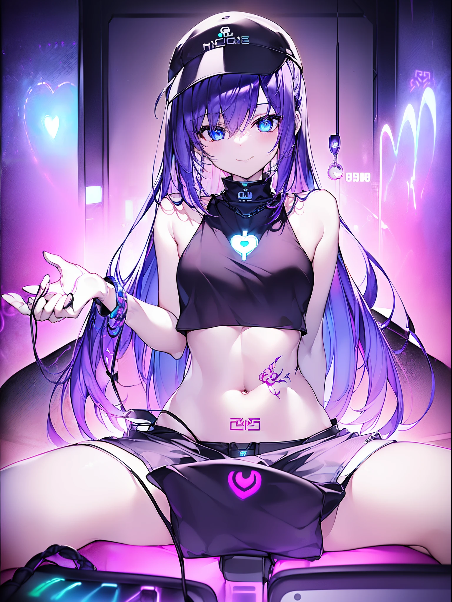 top-quality、Top image quality、​masterpiece、girl with((18year old、Cool hat、Tattoo of the heart symbol on the right shoulder、Black Navel Tank Top、White shorts、Best Bust、Bust 85、Purple hair、Longhaire、Blue eyes、open chest wide、Happiness、Chain Accessories、Black wristband on wrist、sit a chair、A slender、A smile、Have a controller、Slouched、gaming headphone、income)）hiquality、visualart、Background with((Neon colored room、Gaming PC、Gaming Desk、Gaming Chair、Gaming bed、gaming console))、masutepiece、Depth(lightning bolt)