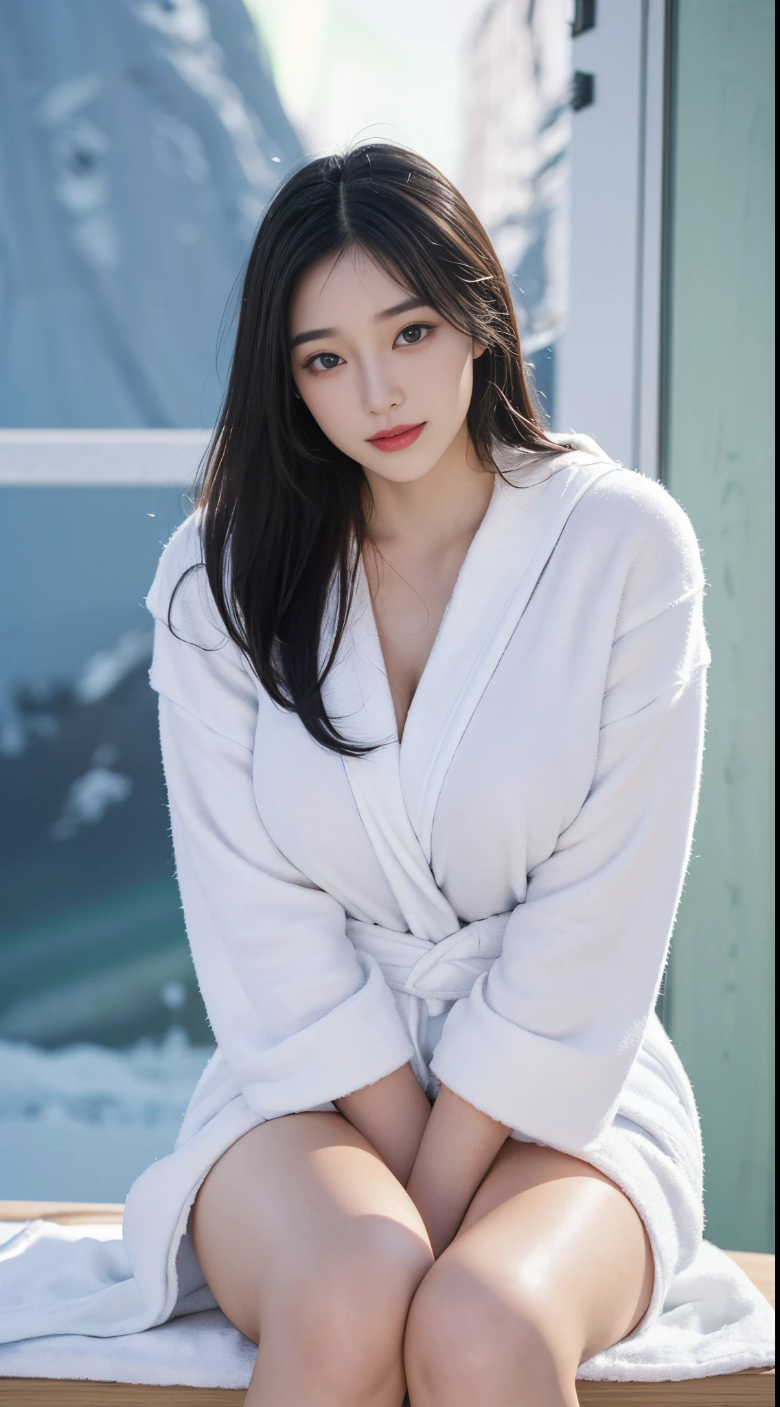 Masterpiece, Best Definition, High Quality, a beauti, Japanese, Japanese School Girls, Popular Korean makeup, detailed, Swollen eyes, Detailed Eyes, Detailed skins, beautiful skin, The ultra-Highres, (Reality: 1.4), Very beautiful, slightly younger face, beautiful skin, Slender, (ultra realisic), (Illustration), (high resolucion), (8K), (highly detaild), (Best Illustration), (Beautifully detailed eyes), (A highly detailed), (Detailed face), looking up at viewer, Fine details, Detailed face, pureerosfaceace_v1, Smiling, Looking straight ahead, Looking straight ahead, photograph realistic, bright lighting, Professional Lighting, (Huge and big breasts :1.2), Beautiful waist, beautiful abs, (She is covering her breasts with a beautiful bathrobe...:1.3), Beautiful Legs, Undergarments, Cover your hands, Black hair, White-skinned, (Mixed:1.4), slutty, (Aurora in Norway:1.5), (bobbed black hair:1.4), nice jacket, short shorts, Happy face,