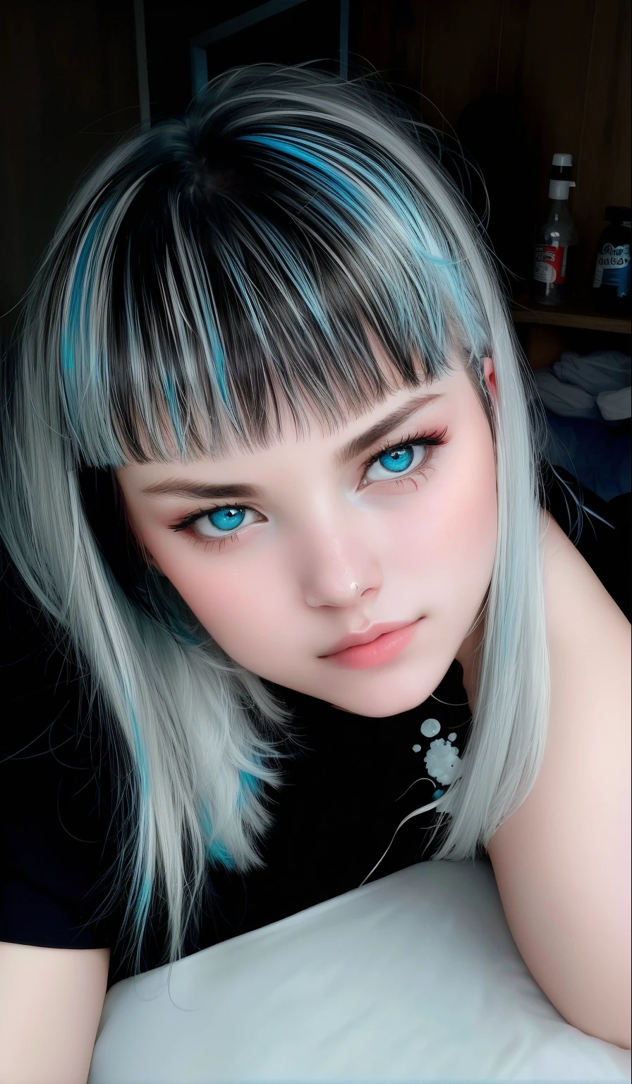 Araffed woman with blue eyes and black shirt posing for a photo, hairsh, white bangs, hairsh, Black hair and white bangs, hairsh, Black bangs, hairsh, hair light, salt and pepper for hair, wearing silver hair, white bangs, blond and silver hair, blue-white hair, two-tone hair dye, with long turquoise hair